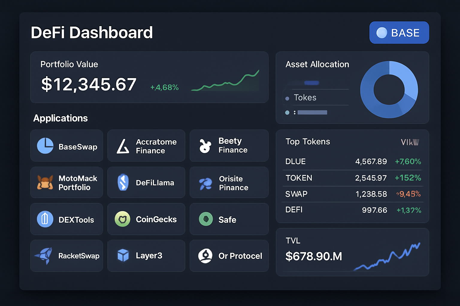 Clean DeFi dashboard displaying a retail investor tracking their portfolio on Base blockchain with tools like BaseSwap, Aerodrome Finance, Beefy Finance, MetaMask Portfolio, DeFiLlama Analytics, Orbiter Finance, DEXTools, CoinGecko Portfolio Tracker, Safe, RocketSwap, Layer3 Quests, 0x Protocol Aggregator, and Velodrome Finance.
