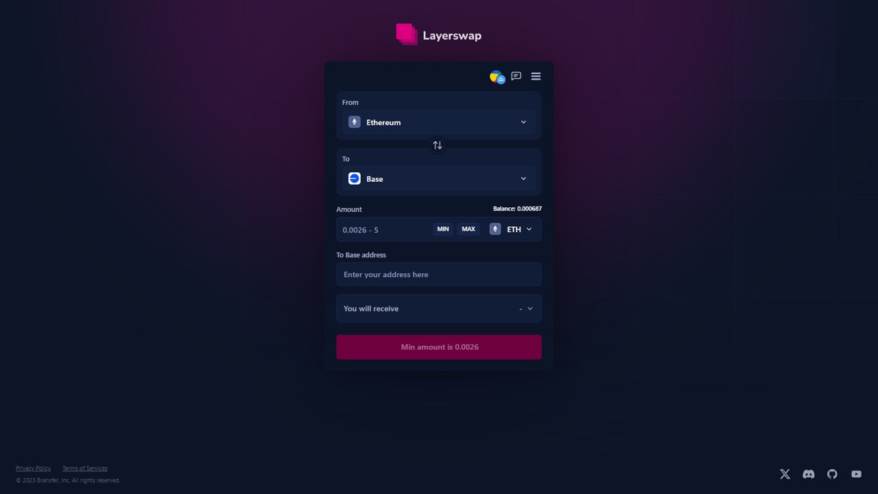 Screenshot of the official Base bridge dashboard showing asset selection and network dropdown menus for bridging ETH or ERC-20 tokens to Base network.