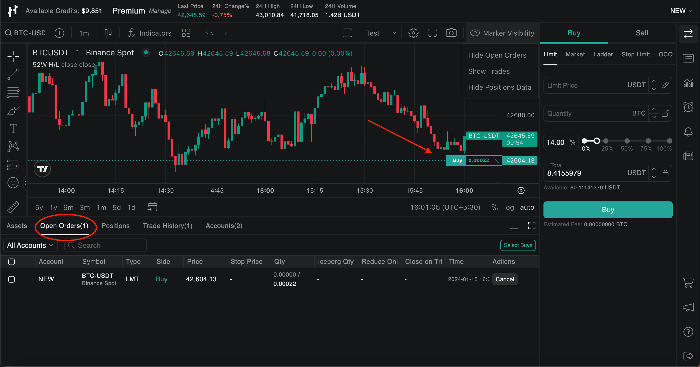 Binance Spot trading interface screenshot highlighting the Market Order option for instant crypto trades