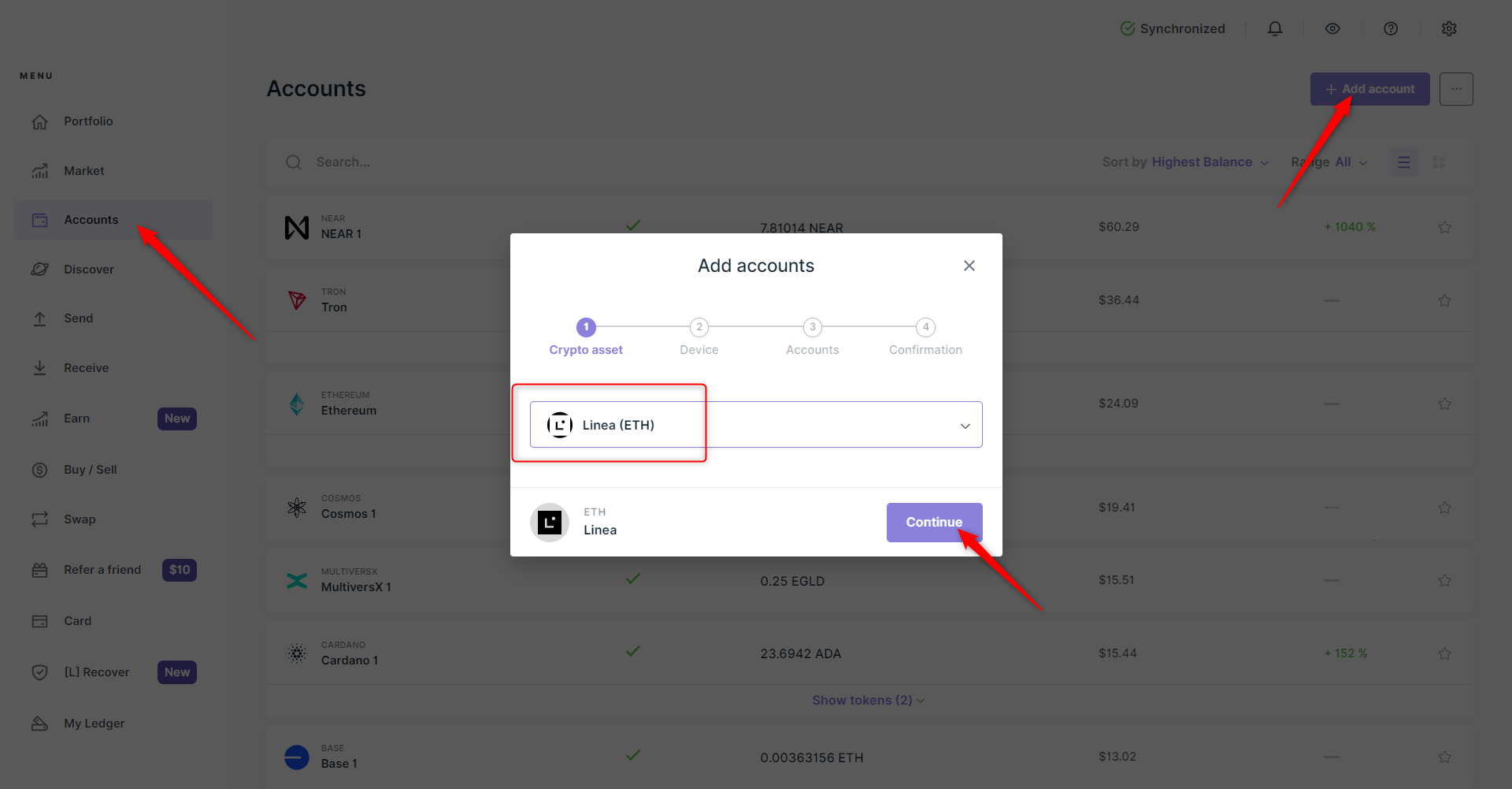 Ledger Nano device connected to laptop showing Ledger Live with Linea account interface for secure airdrop management