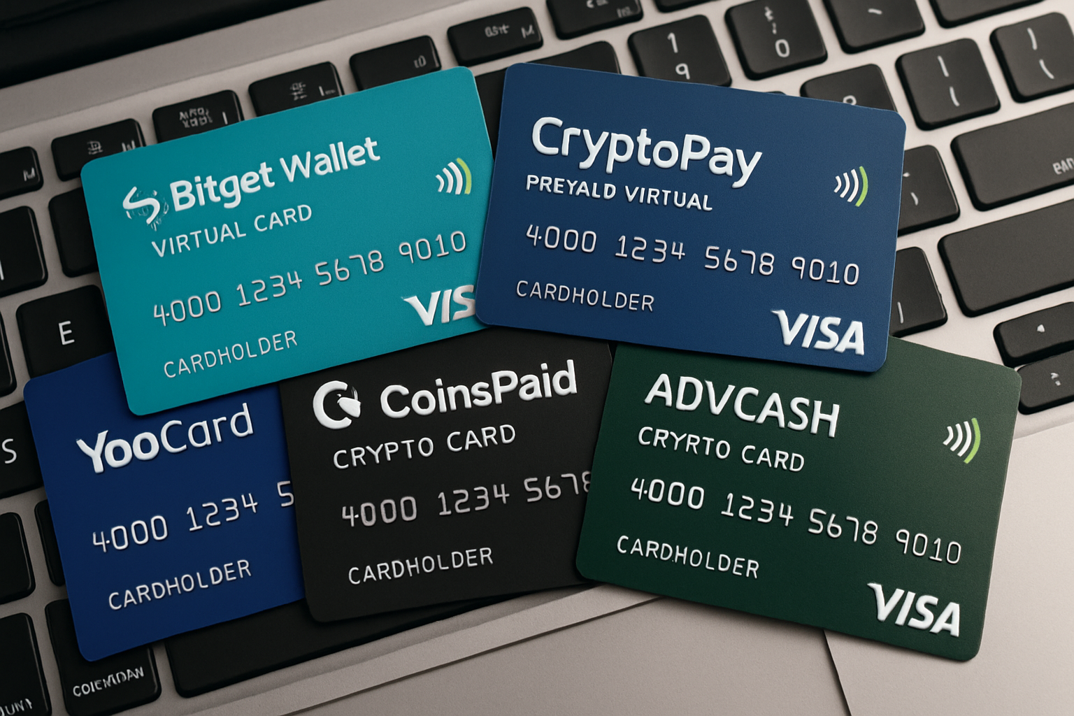 Five virtual crypto credit cards—Bitget Wallet Virtual Card, YooCard, CryptoPay Prepaid Virtual Visa, CoinsPaid Crypto Card, and Advcash Crypto Card—displayed on a laptop keyboard, representing top instant approval no-KYC crypto cards for 2024.