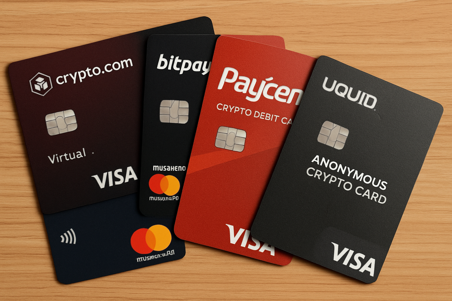 Top 5 no-KYC crypto credit cards for 2025 fanned out on a table, including Crypto.com Virtual Visa, Bitpay Prepaid Mastercard, Paycent Crypto Debit Card, Uquid Virtual Crypto Visa, and ClubSwan Anonymous Crypto Card