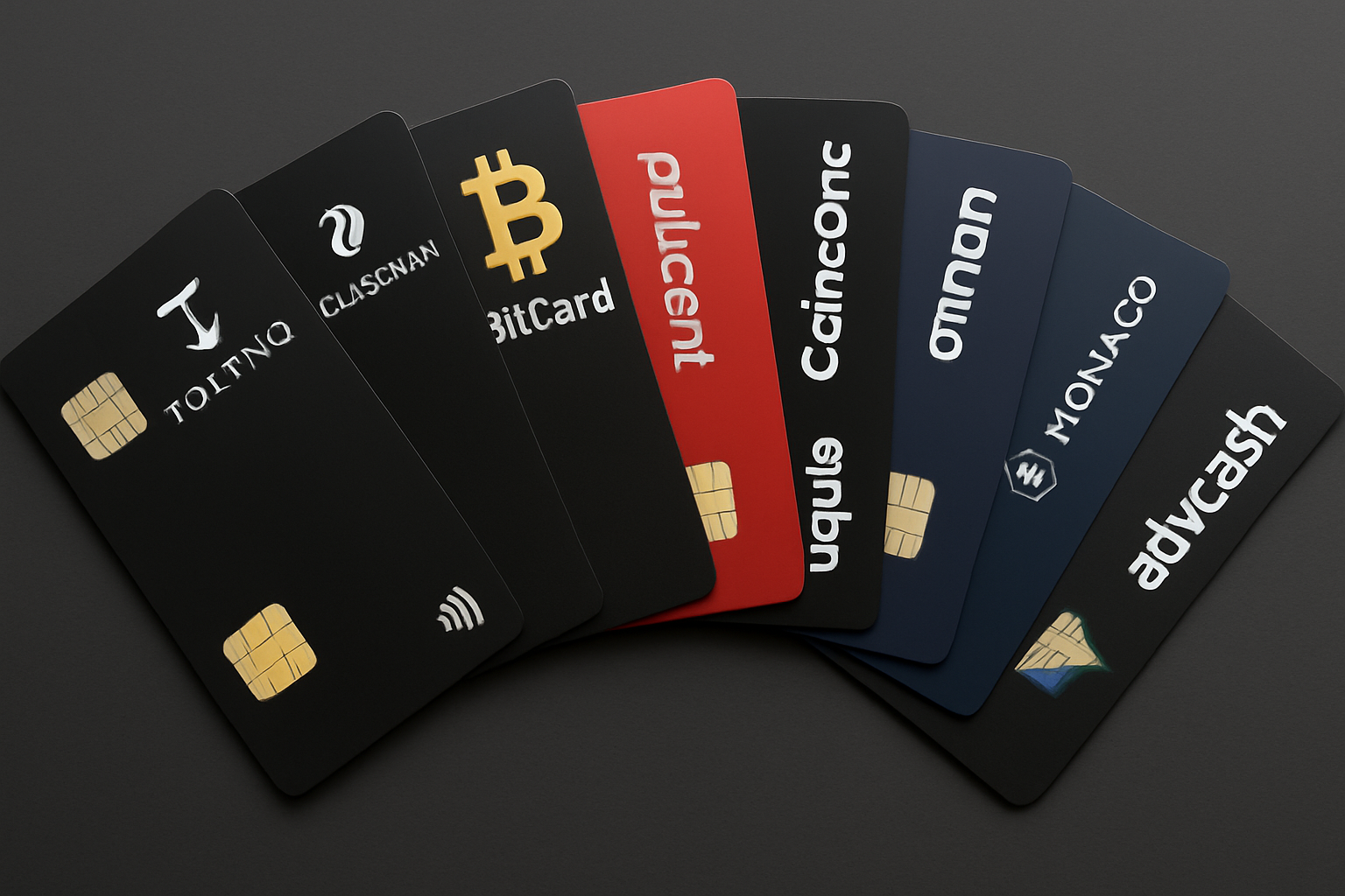 Close-up of top no-KYC crypto credit cards for 2025, including Tokyniq, ClubSwan, BitCard, Paycent, CoinsPaid, Uquid, Monaco, SpectroCoin, and AdvCash, fanned out on a dark table, highlighting privacy-focused features.