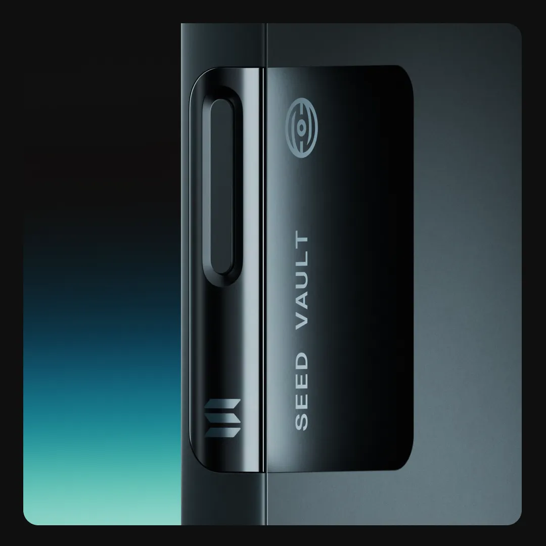 Close-up of Solana Saga phone displaying Seed Vault app on home screen for secure DeFi setup