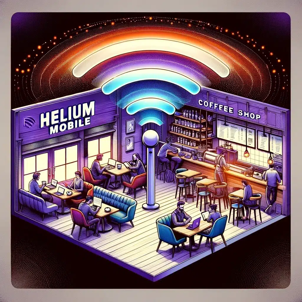 Close-up of a Helium 5G hotspot device installed on a building in a modern urban environment, showcasing decentralized wireless network infrastructure.