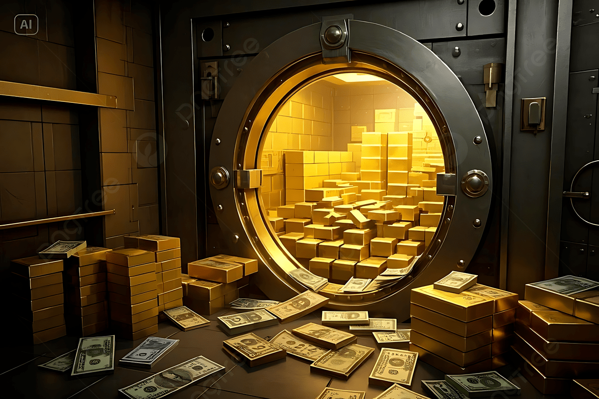 Close-up of gold bars stacked in a secure vault with a digital blockchain network overlay, illustrating tokenized gold ownership and blockchain transparency.