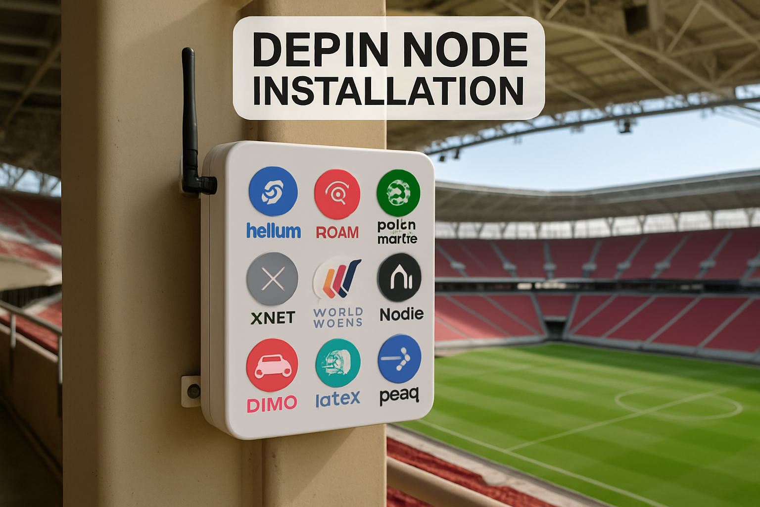 Close-up of a Helium or Roam DePIN node being installed inside a modern stadium, showcasing decentralized wireless infrastructure for blockchain-powered connectivity