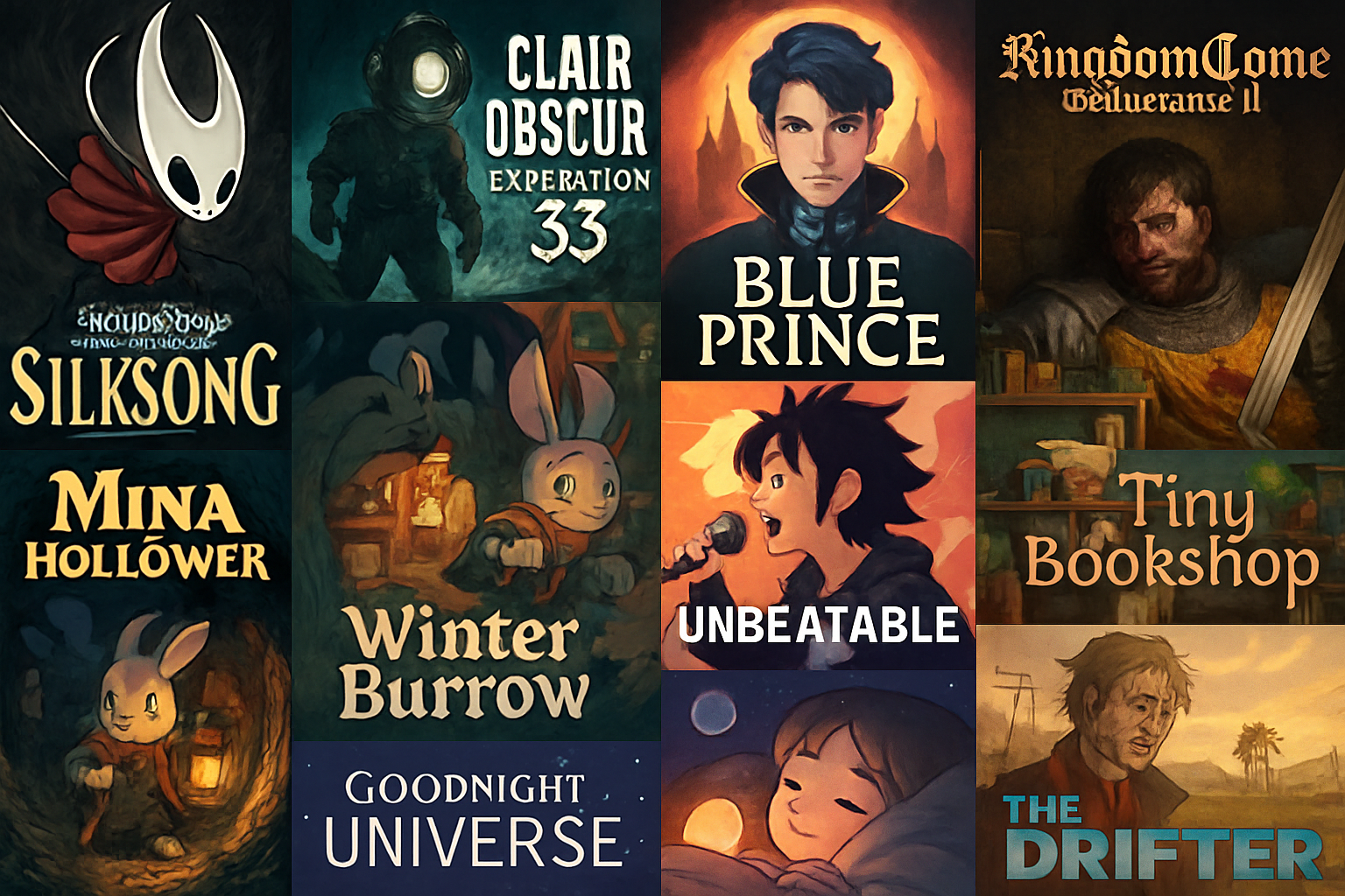 Collage of key art from the most anticipated 2025 indie games including Hollow Knight Silksong, Clair Obscur Expedition 33, Kingdom Come Deliverance II, Blue Prince, Mina the Hollower, Winter Burrow, Unbeatable, Tiny Bookshop, Goodnight Universe, and The Drifter.