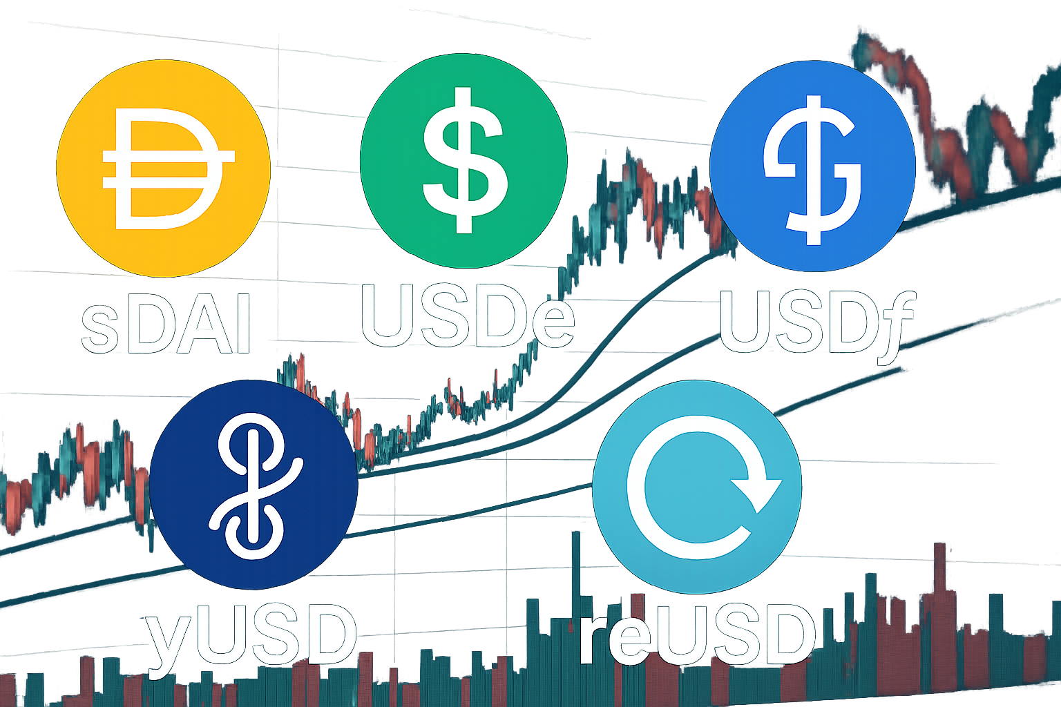 Collage of sDAI, USDe, USDf, yUSD, and reUSD stablecoin logos with DeFi charts in the background, representing top yield-bearing stablecoins in 2024.