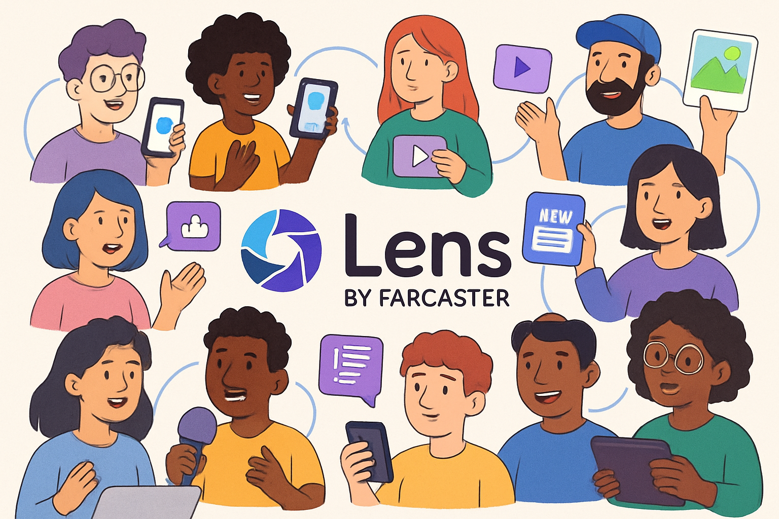 Collage of micro-creators sharing content and building communities on Farcaster and Lens Protocol, showcasing decentralized social media engagement