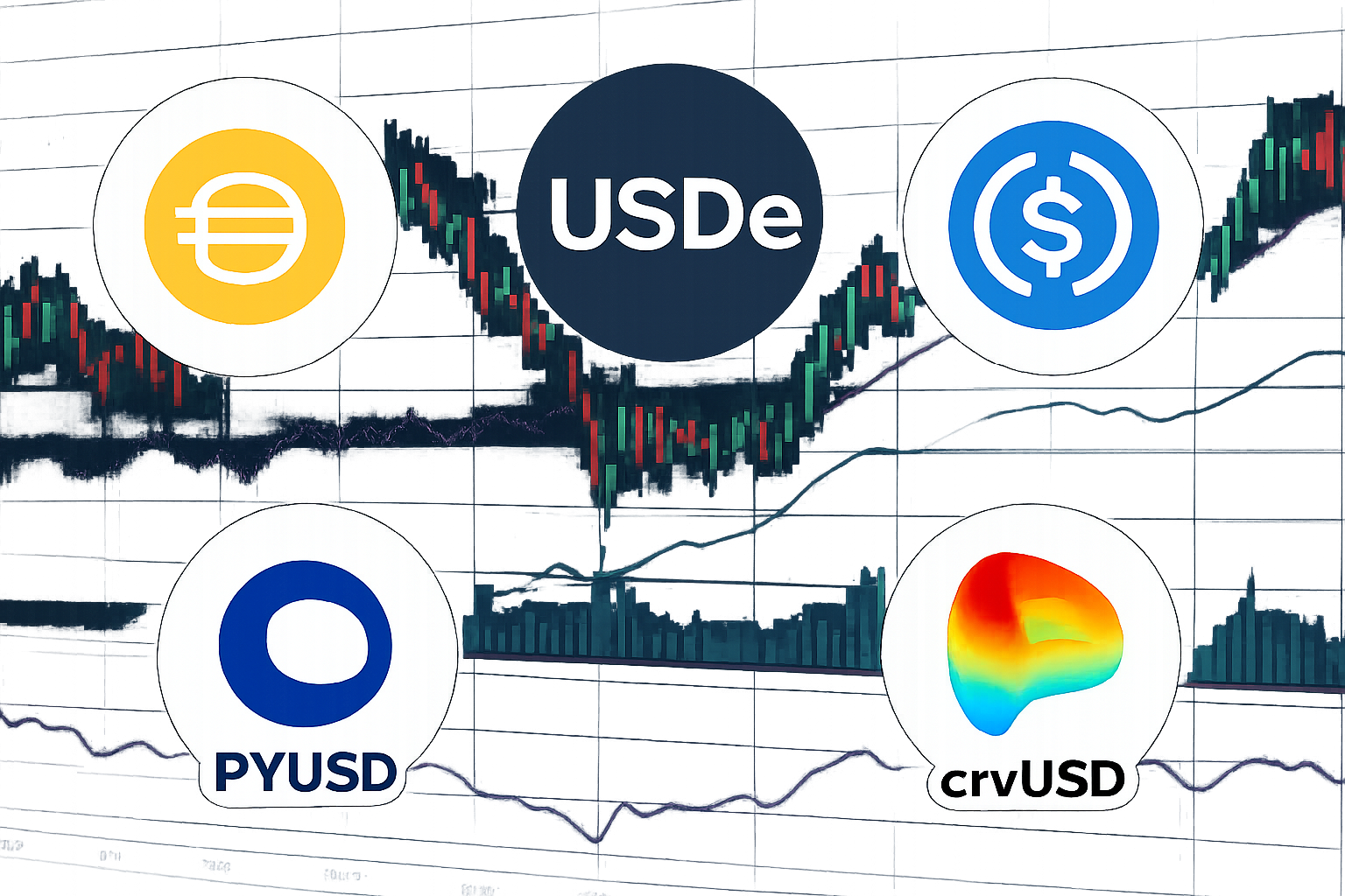 Collage of sDAI, USDe, aUSDC, PYUSD, and crvUSD logos with DeFi protocol charts in the background, representing top yield-bearing stablecoins in 2025.
