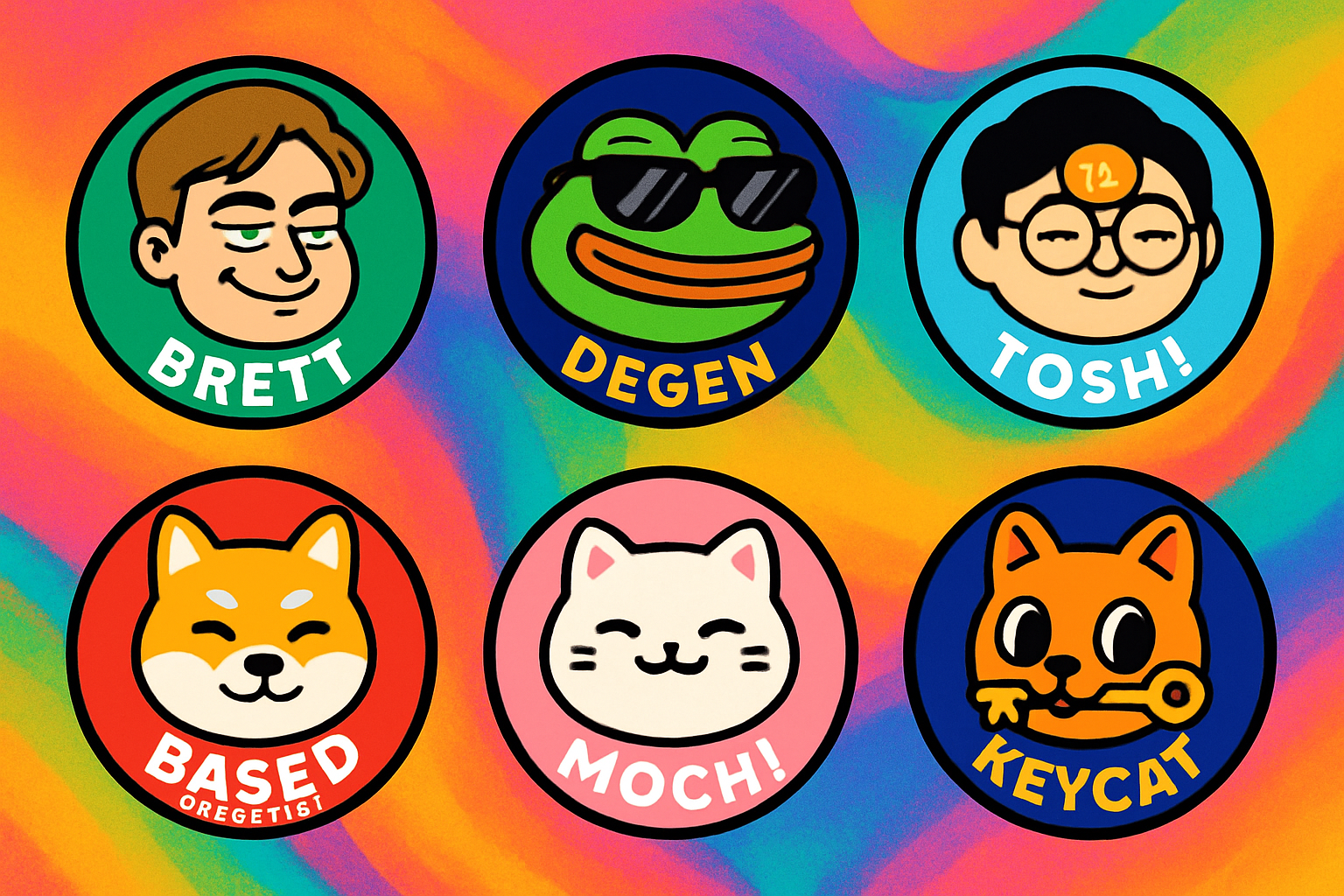 Collage of top Base chain memecoin logos: Brett, Degen, Toshi, Based Shiba Inu, Mochi, and Keycat on vibrant backgrounds