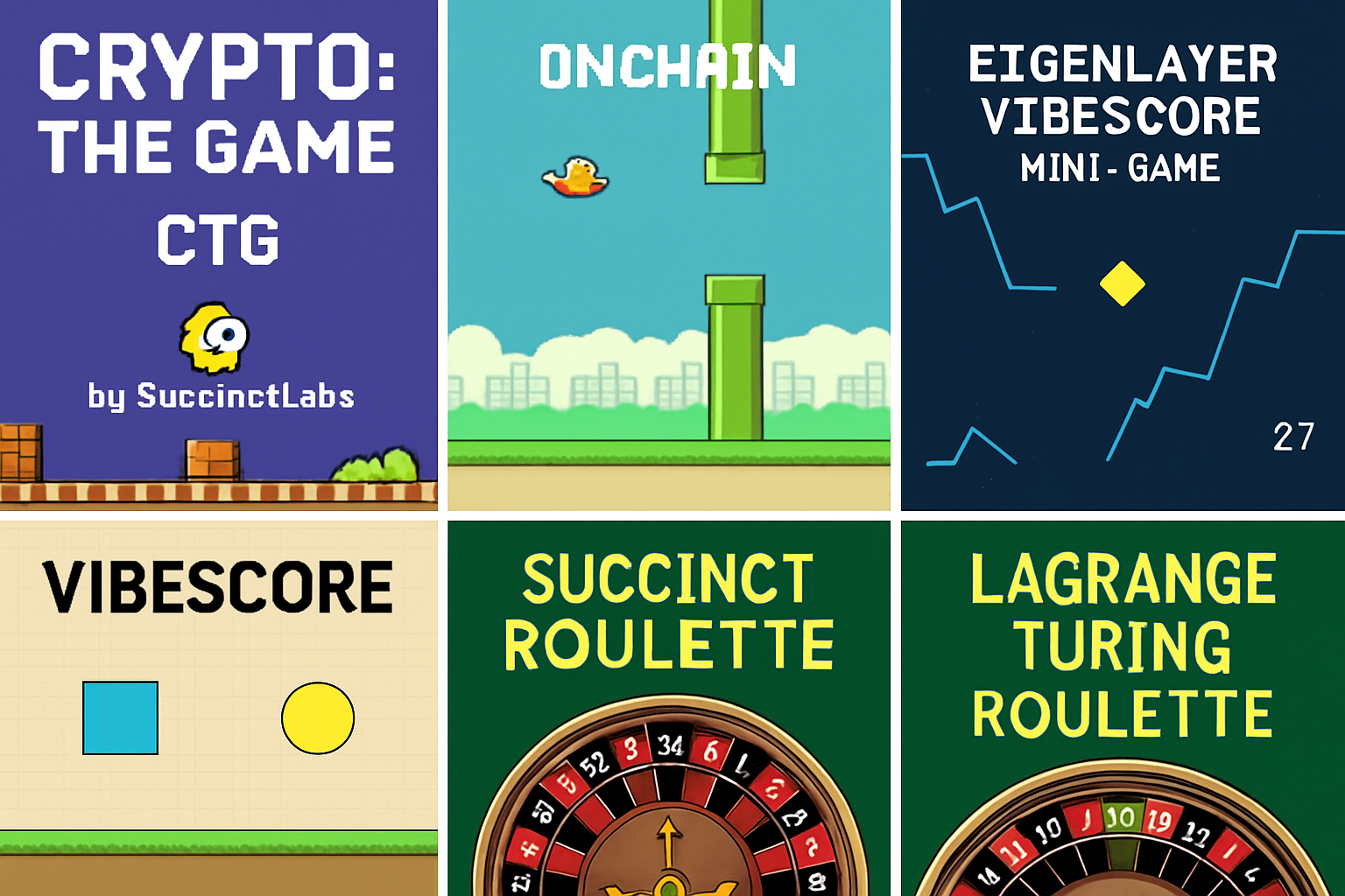 Collage of gameplay screenshots from Crypto: The Game (CTG), SuccinctLabs Flappy Bird Onchain, EigenLayer Vibescore Mini-Game, and Lagrange Turing Roulette, showcasing leading blockchain mini-games driving on-chain engagement.