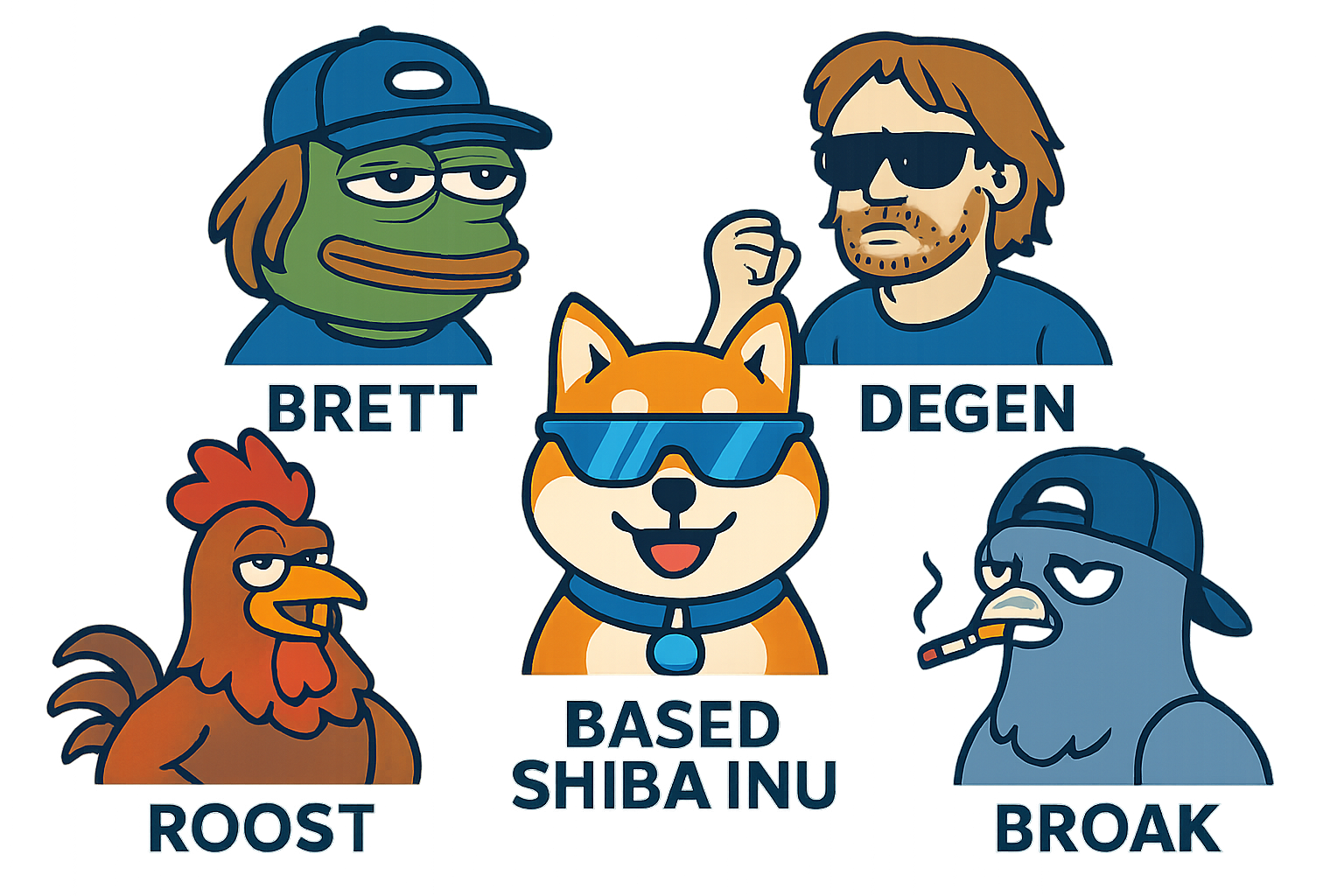 Collage of Brett, Degen, Based Shiba Inu, Roost, and Broak on Base memecoin logos and mascots trending on the Base blockchain in 2024
