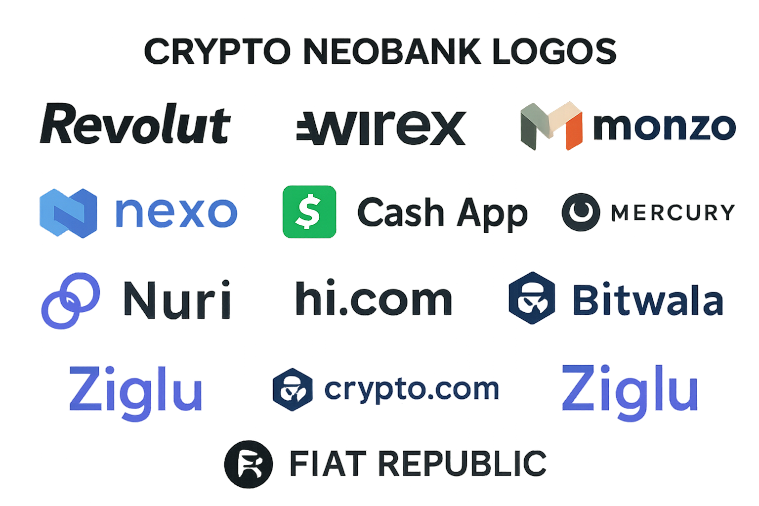 Collage of top crypto neobank logos in 2024: Revolut, Wirex, Juno, Monzo, Nexo, Cash App, Mercury, Bitwala (Nuri), Hi.com, Crypto.com, Ziglu, and Fiat Republic.