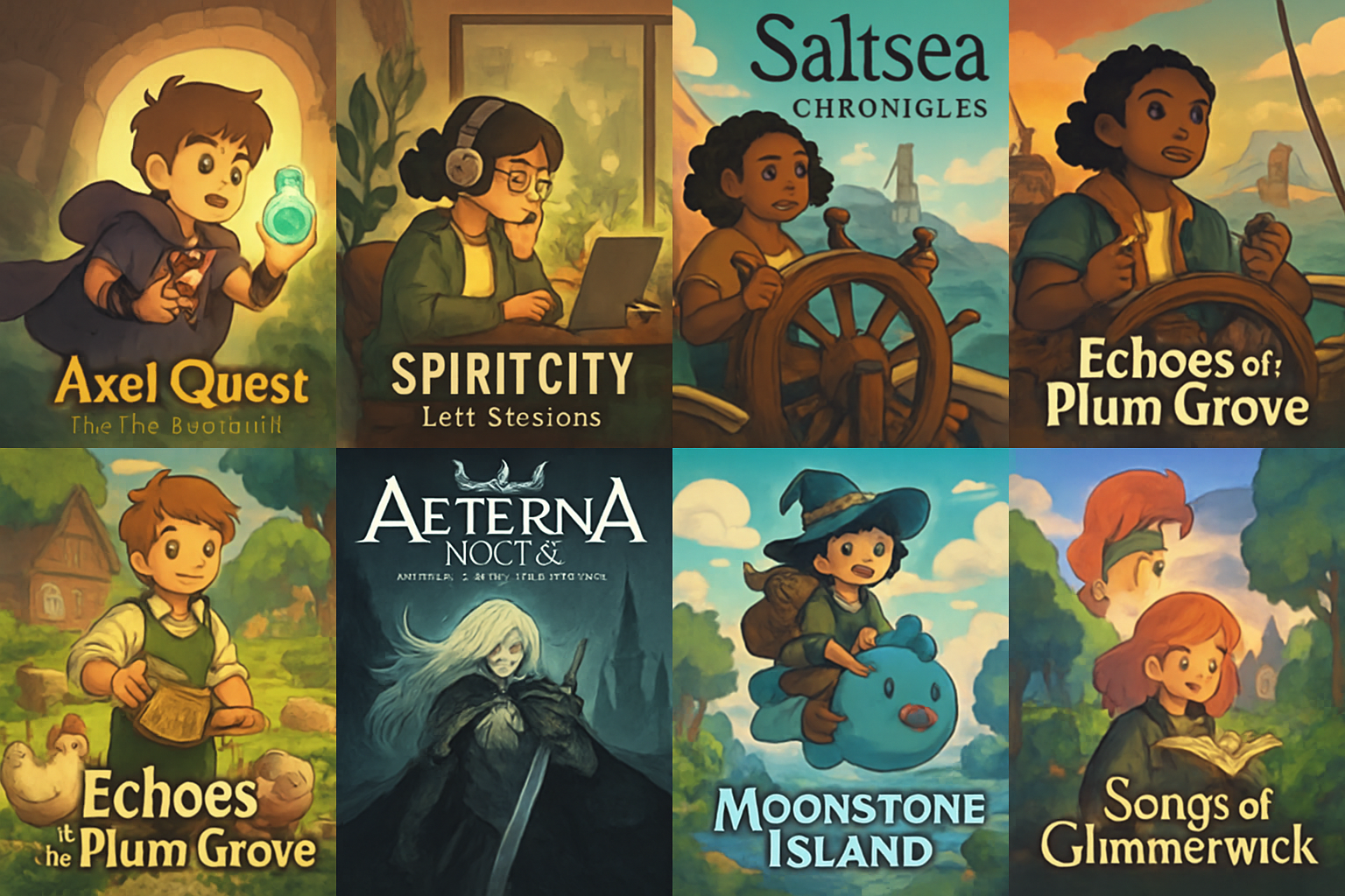 Colorful collage of key art from Axel's Quest, The Last Alchemist, Spirit City: Lofi Sessions, Saltsea Chronicles, Echoes of the Plum Grove, Aeterna Noctis: The Forgotten Kingdom, Moonstone Island, Sanya, Songs of Glimmerwick, and LUCID—top upcoming indie games on Steam in 2025 with less than 10k followers.