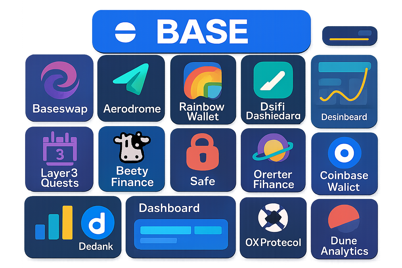Colorful dashboard displaying 13 essential DeFi tools and wallets on Base blockchain, including BaseSwap, Aerodrome, Rainbow Wallet, De.Fi Dashboard, Layer3 Quests, and more, designed for retail investors and beginners.