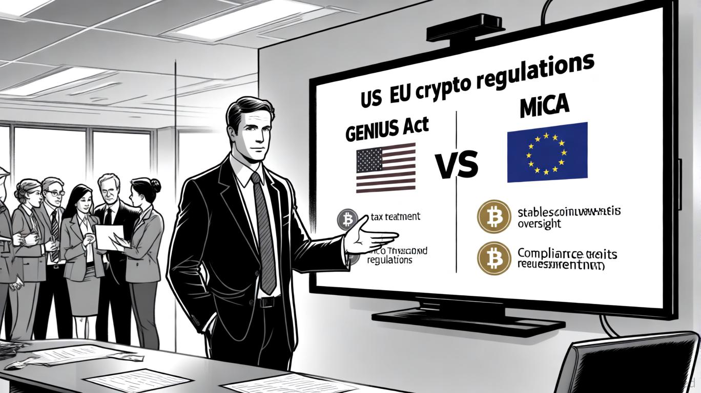 Comparative infographic highlighting key requirements of the US GENIUS Act and EU MiCA stablecoin regulations in 2025