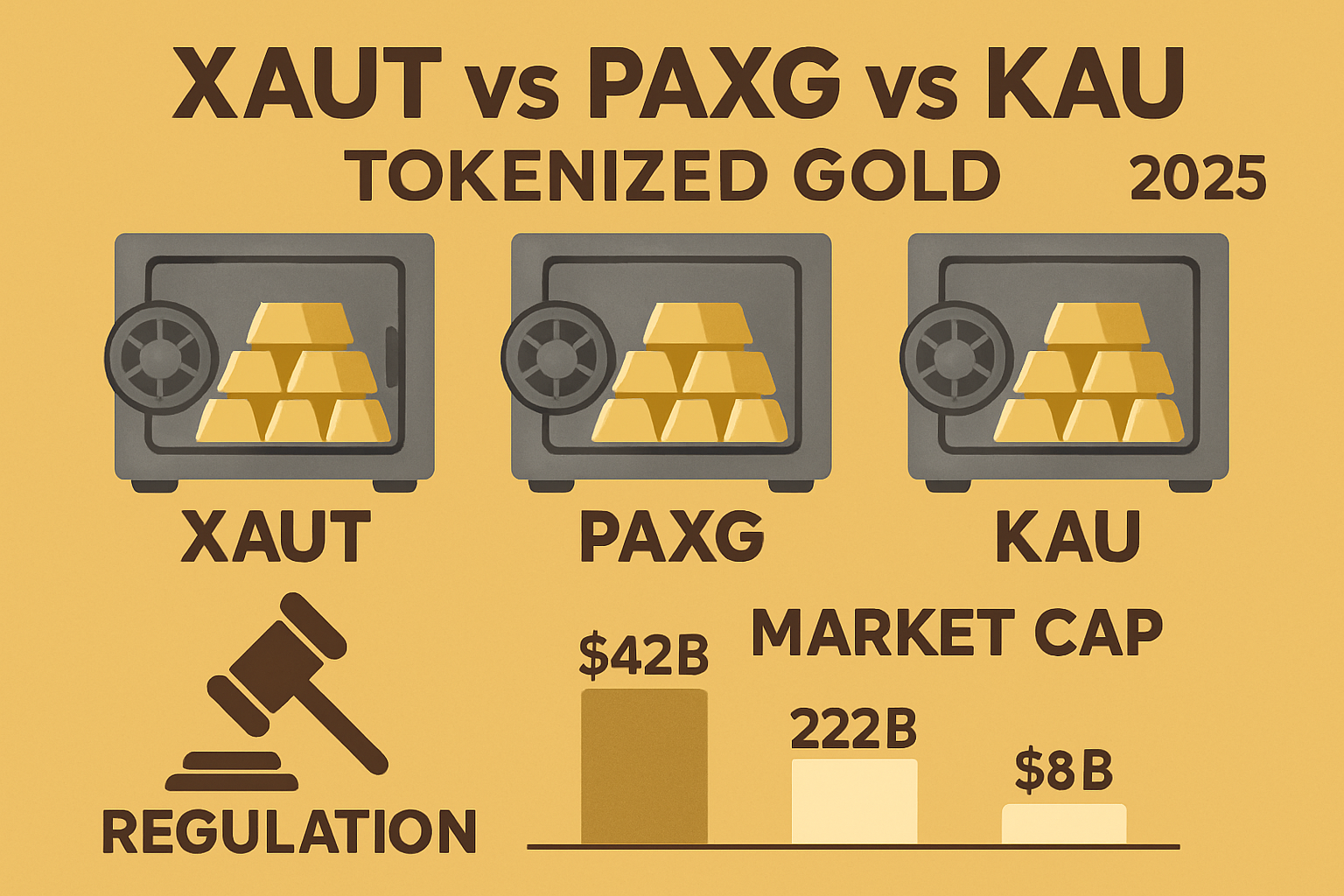 Comparative infographic of Tether Gold (XAUT), PAX Gold (PAXG), and Kinesis Gold (KAU) showing vault storage, regulatory status, and market capitalization in October 2025, representing leading tokenized gold assets.