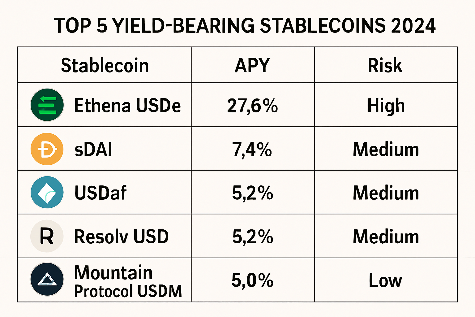 Comparison chart of top 5 yield-bearing stablecoins in 2024—Ethena USDe, sDAI, USDaf, Resolv USD, and Mountain Protocol USDM—showing their APYs and risk levels, ideal for DeFi investors seeking passive income.