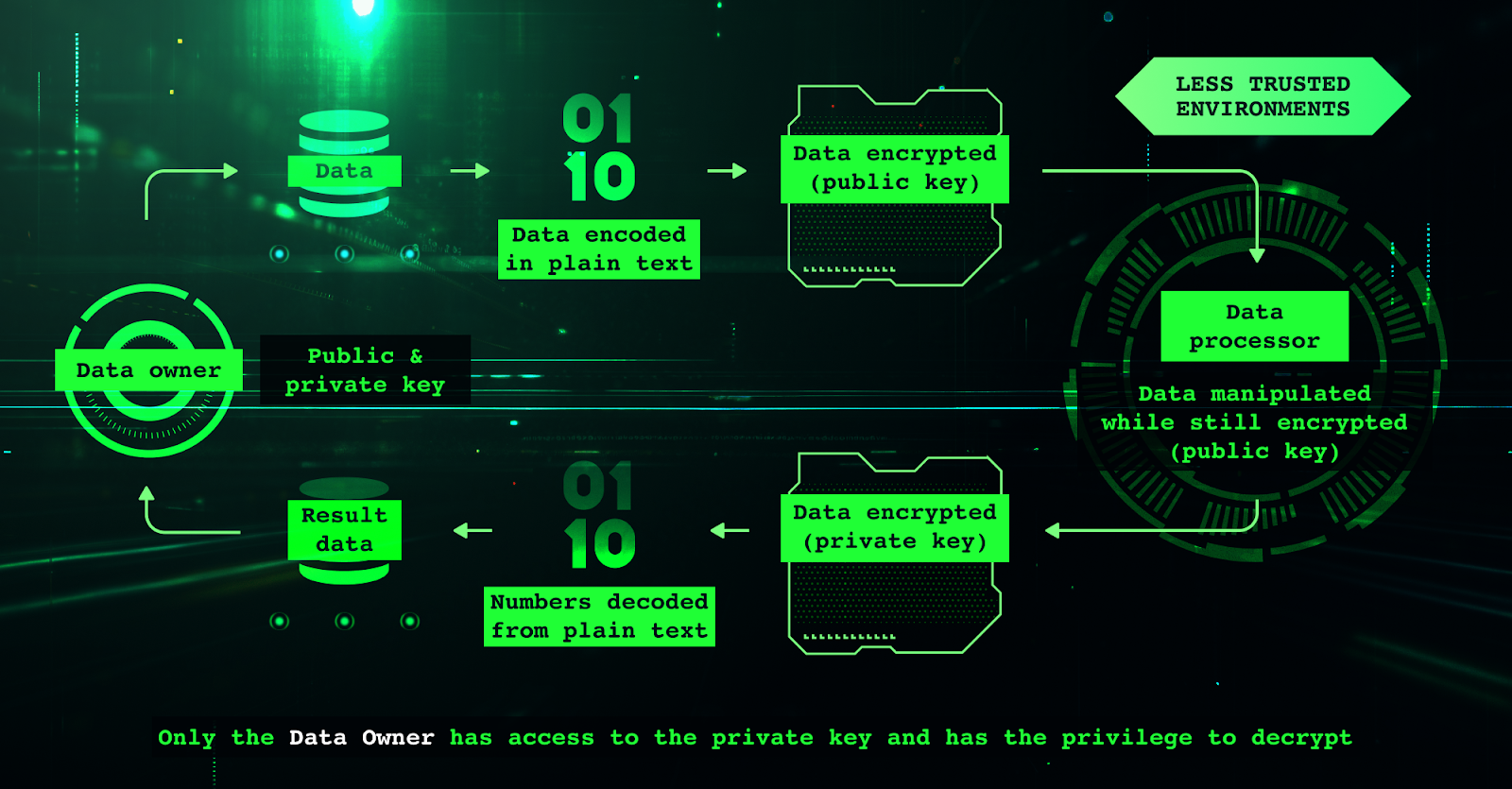 Conceptual diagram showing Homomorphic Encryption and Trusted Execution Environments collaborating in a DAO for confidential blockchain governance