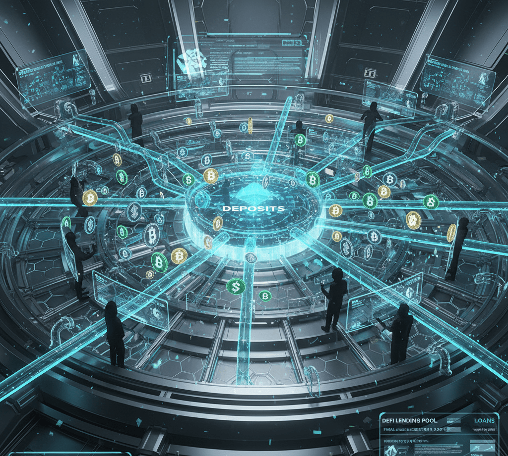 Conceptual illustration of a borrower using onchain reputation to unlock access to various crypto loans in DeFi