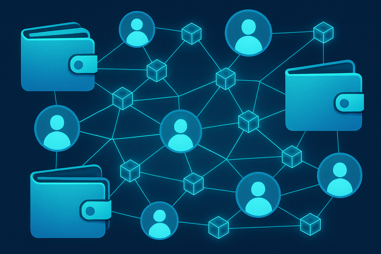 Conceptual illustration of digital wallets interconnected by blockchain lines with identity icons overlayed, representing decentralized identity and under-collateralized lending in DeFi.