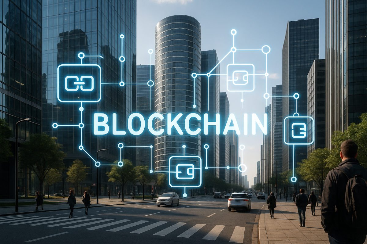 Conceptual image of blockchain tokens overlaying a modern city skyline, symbolizing real estate tokenization and global property investment for crypto enthusiasts.