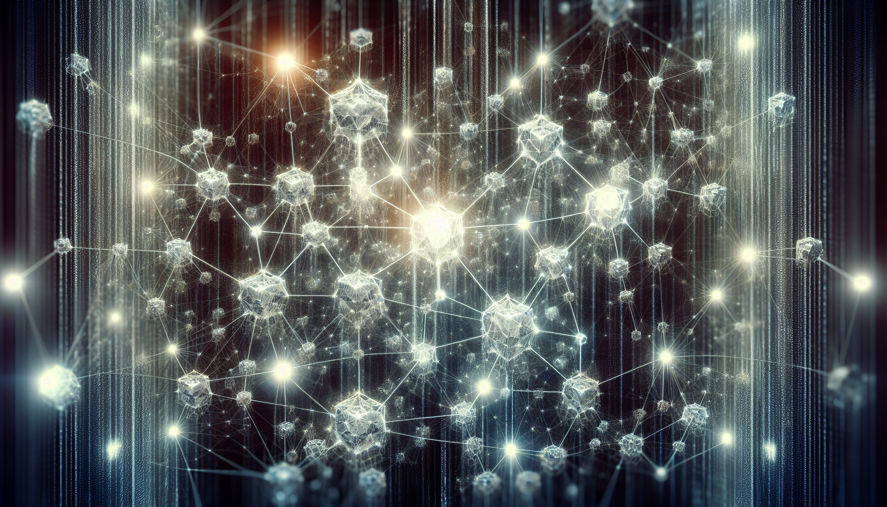 Conceptual illustration of blockchain nodes interconnected with digital credit scores, representing decentralized and transparent credit evaluation systems.