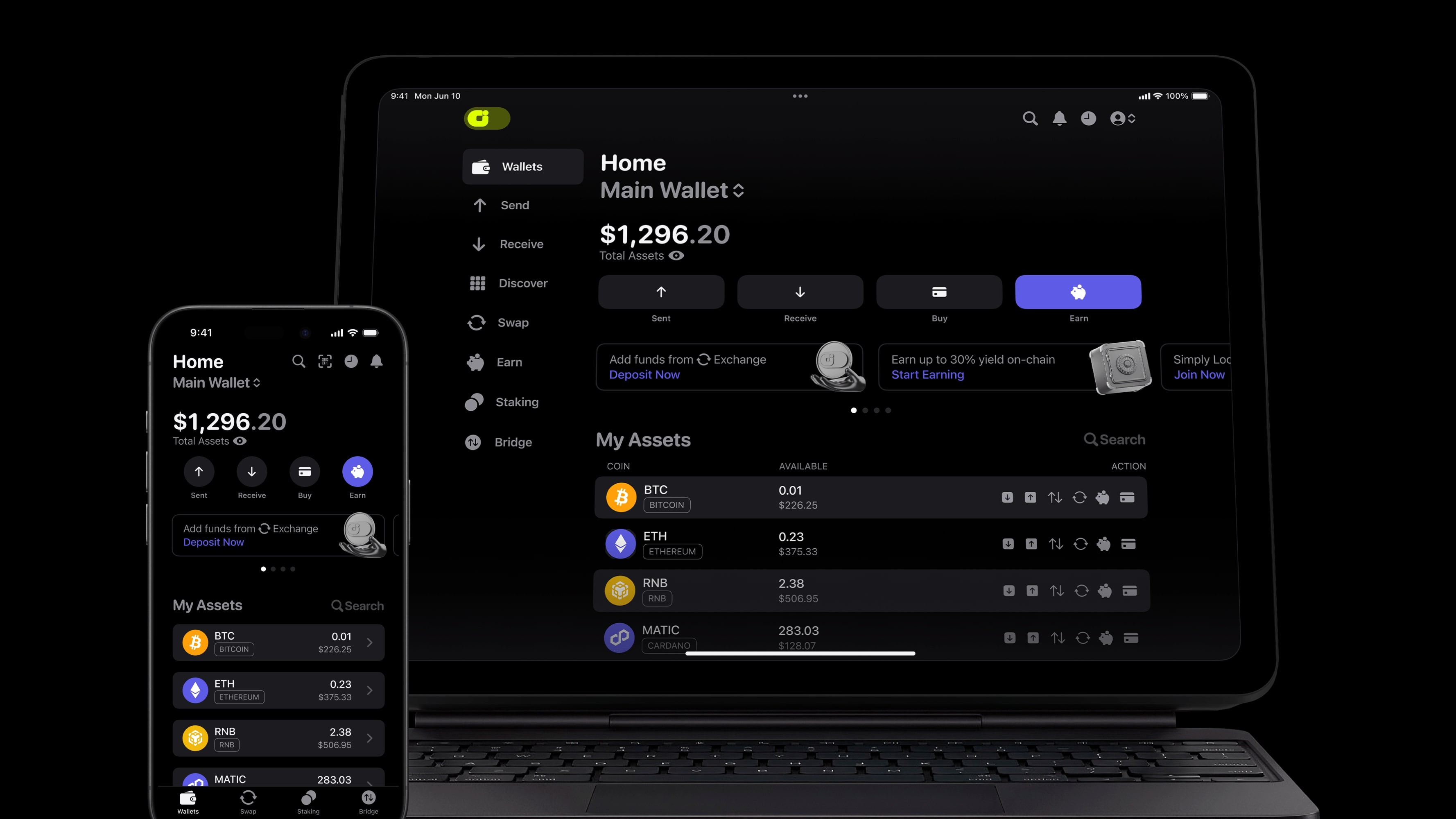 Web3 content creator checking a crypto subscription dashboard with multiple devices displaying crypto wallets and recurring payments interface.