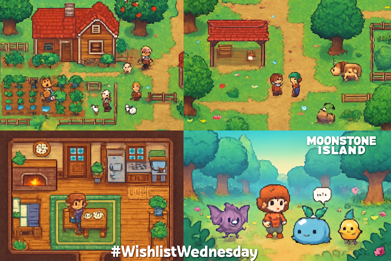 Cozy montage featuring Echoes of the Plum Grove village life and Moonstone Island creature companions, highlighting indie game charm and community buzz from #WishlistWednesday.