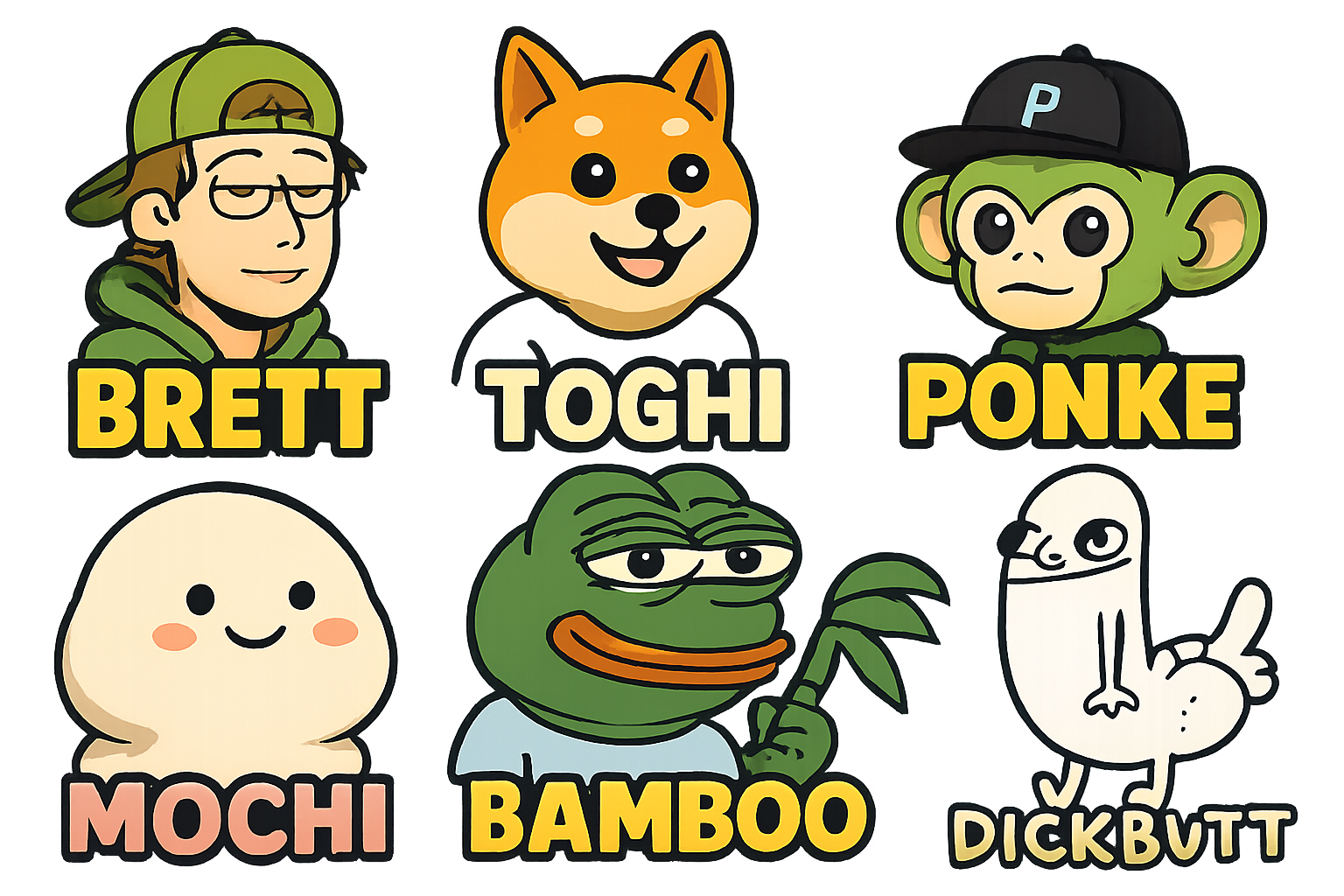 Collage of top 7 Base memecoins logos and mascots: BRETT, TOSHI, DEGEN, PONKE, MOCHI, BAMBOO, and DICKBUTT, representing leading Base blockchain meme tokens in 2025.