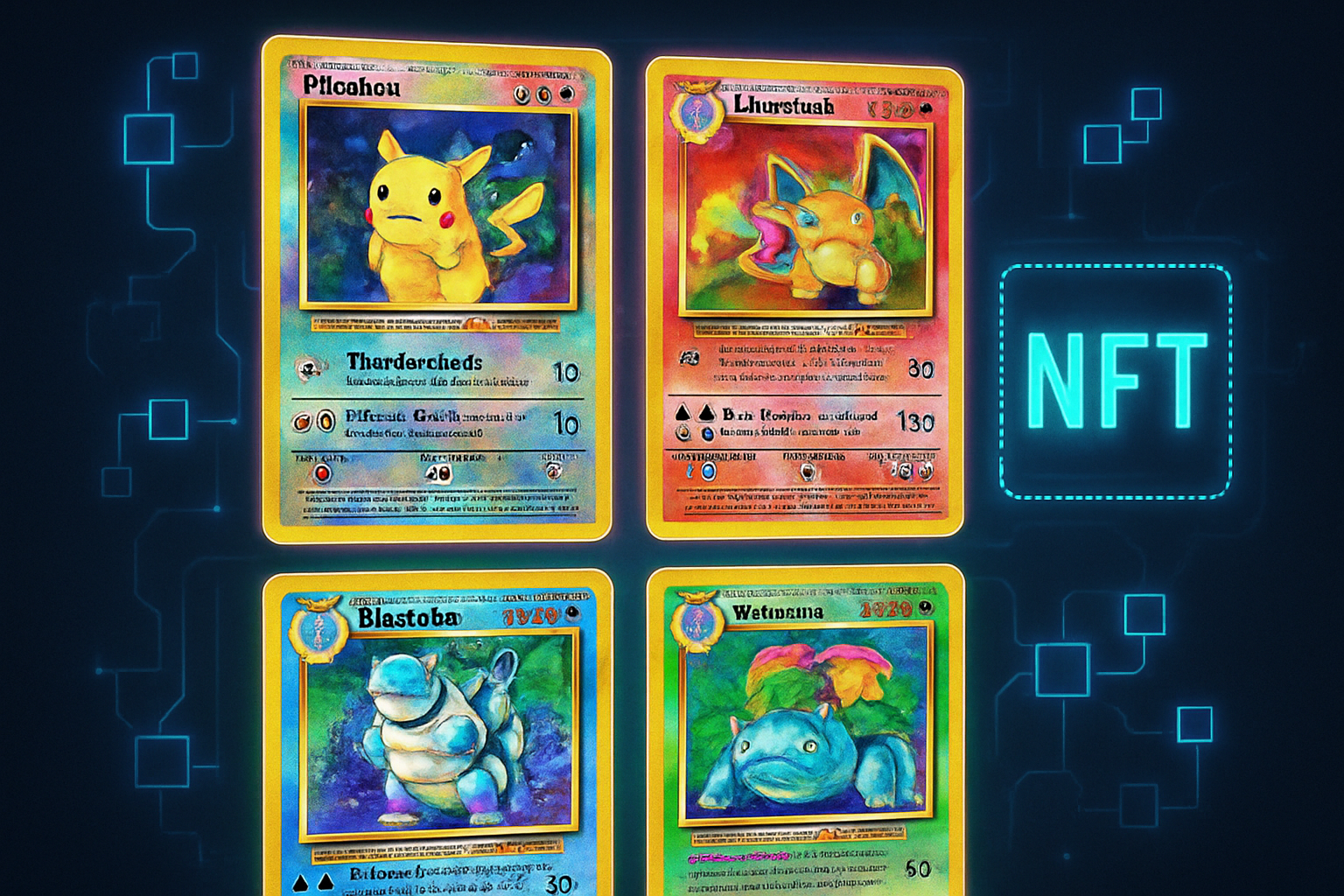 High-quality photo of rare Pokémon cards being digitized for blockchain NFT tokenization process