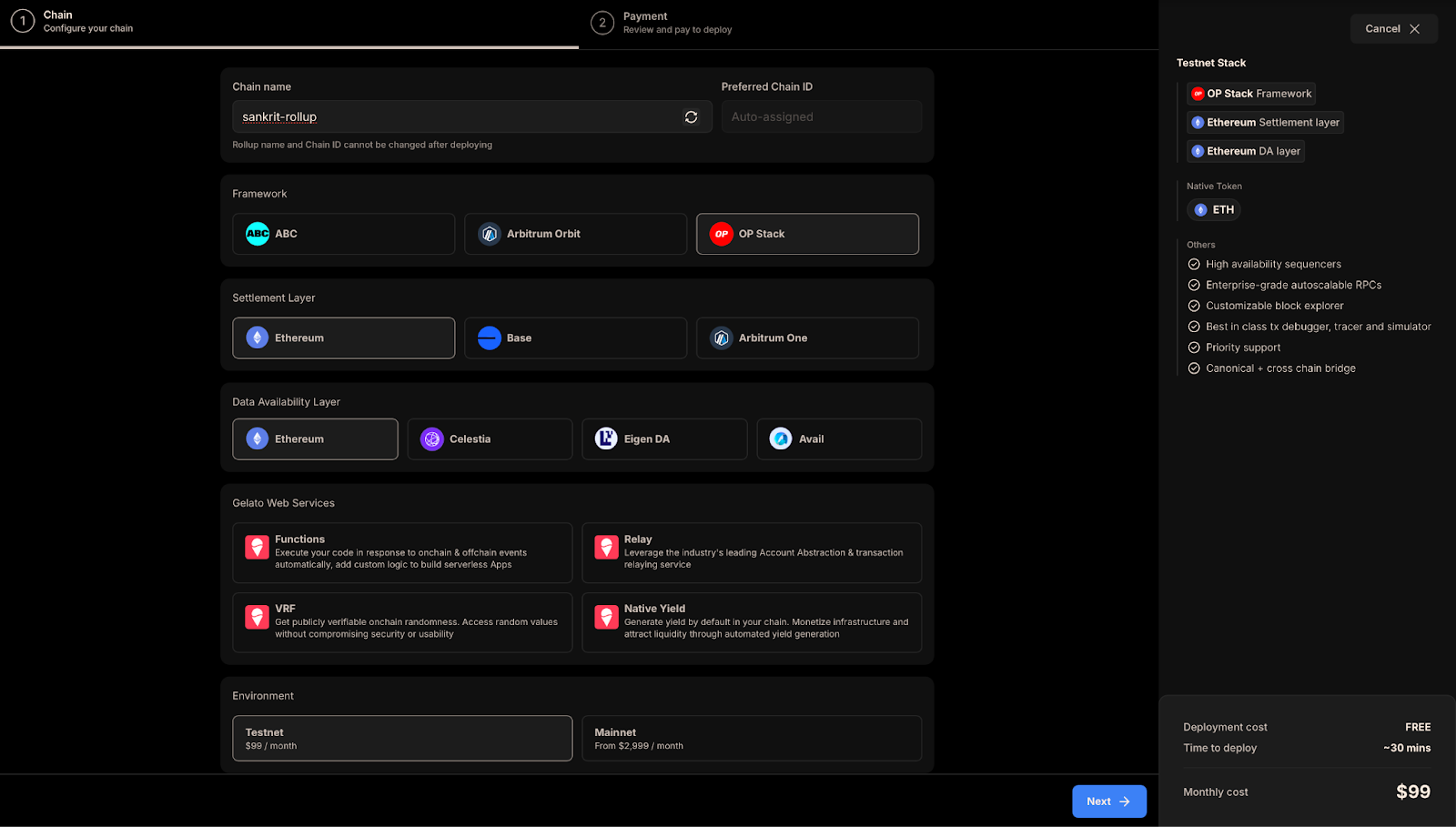 RaaS platform dashboard screenshot displaying rollup deployment settings and configuration options