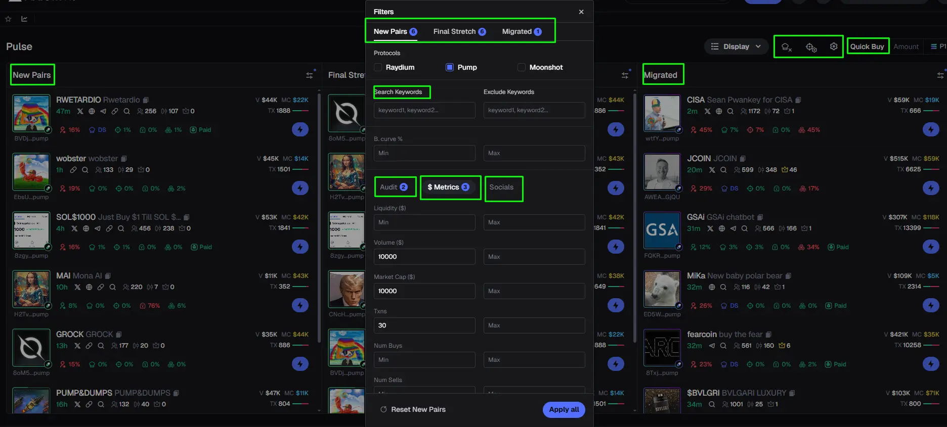Higher Terminal dashboard interface displaying live Base memecoin analytics and trading tools, without specific price data.
