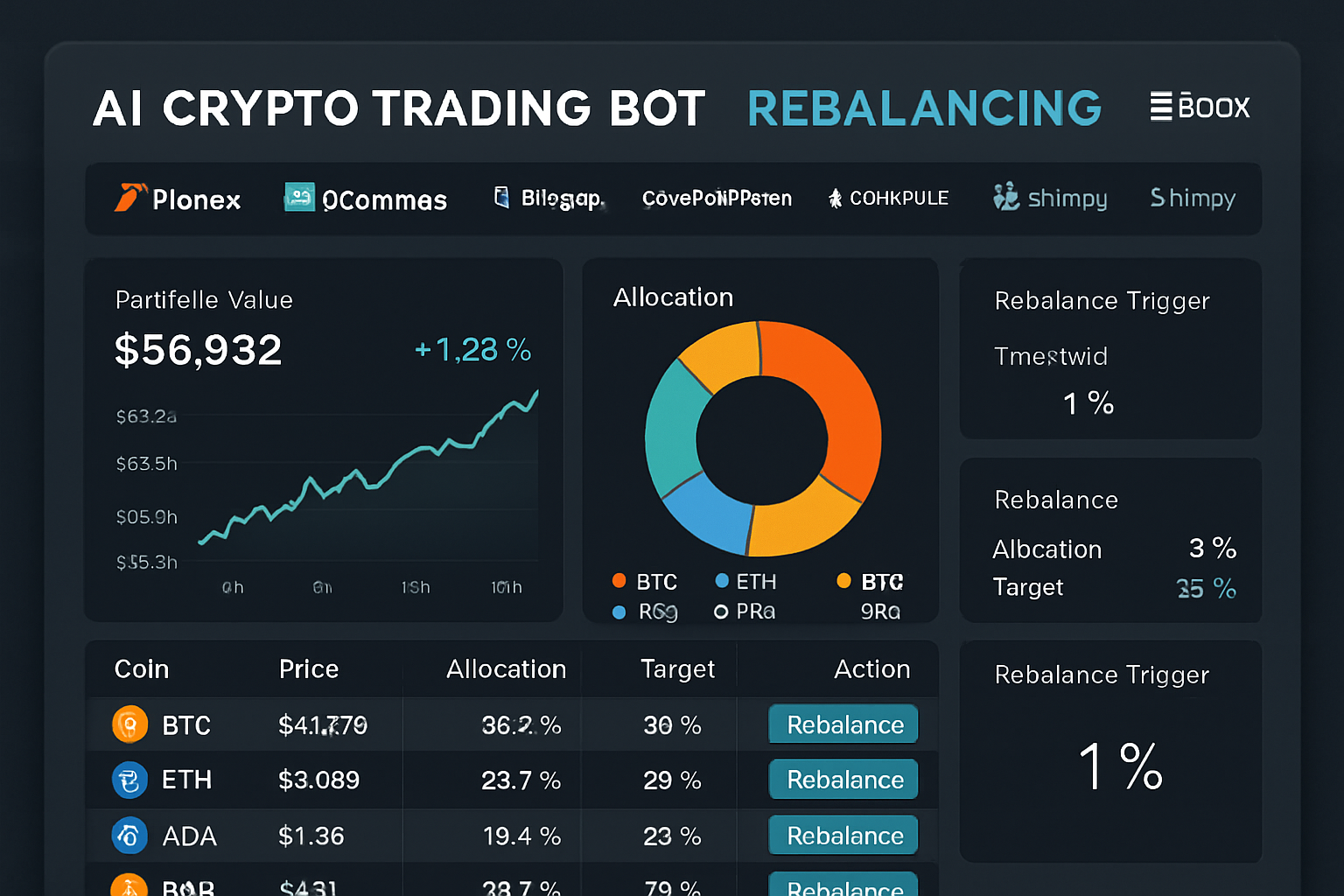Dashboard screenshot of top AI crypto trading bots (Pionex, 3Commas, Bitsgap, Cryptohopper, Coinrule, Hummingbot, Shrimpy) rebalancing a diverse cryptocurrency portfolio in 2024