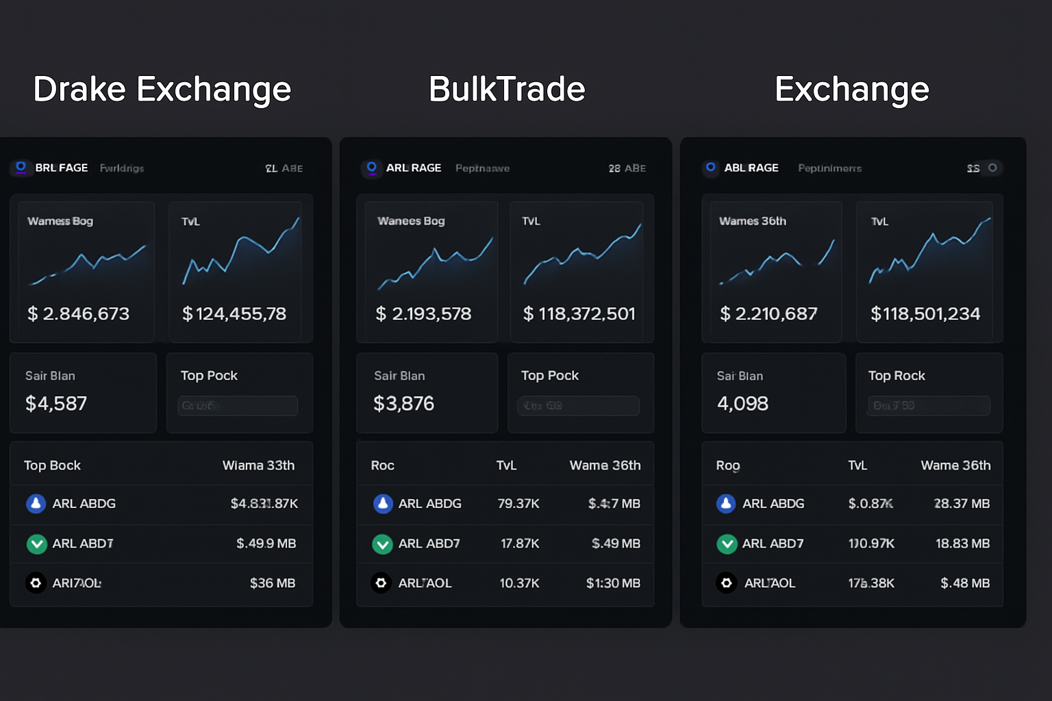 Drake Exchange and BulkTrade Solana DEX dashboard comparison side-by-side, highlighting performance metrics and user interface features without price charts or specific numbers.