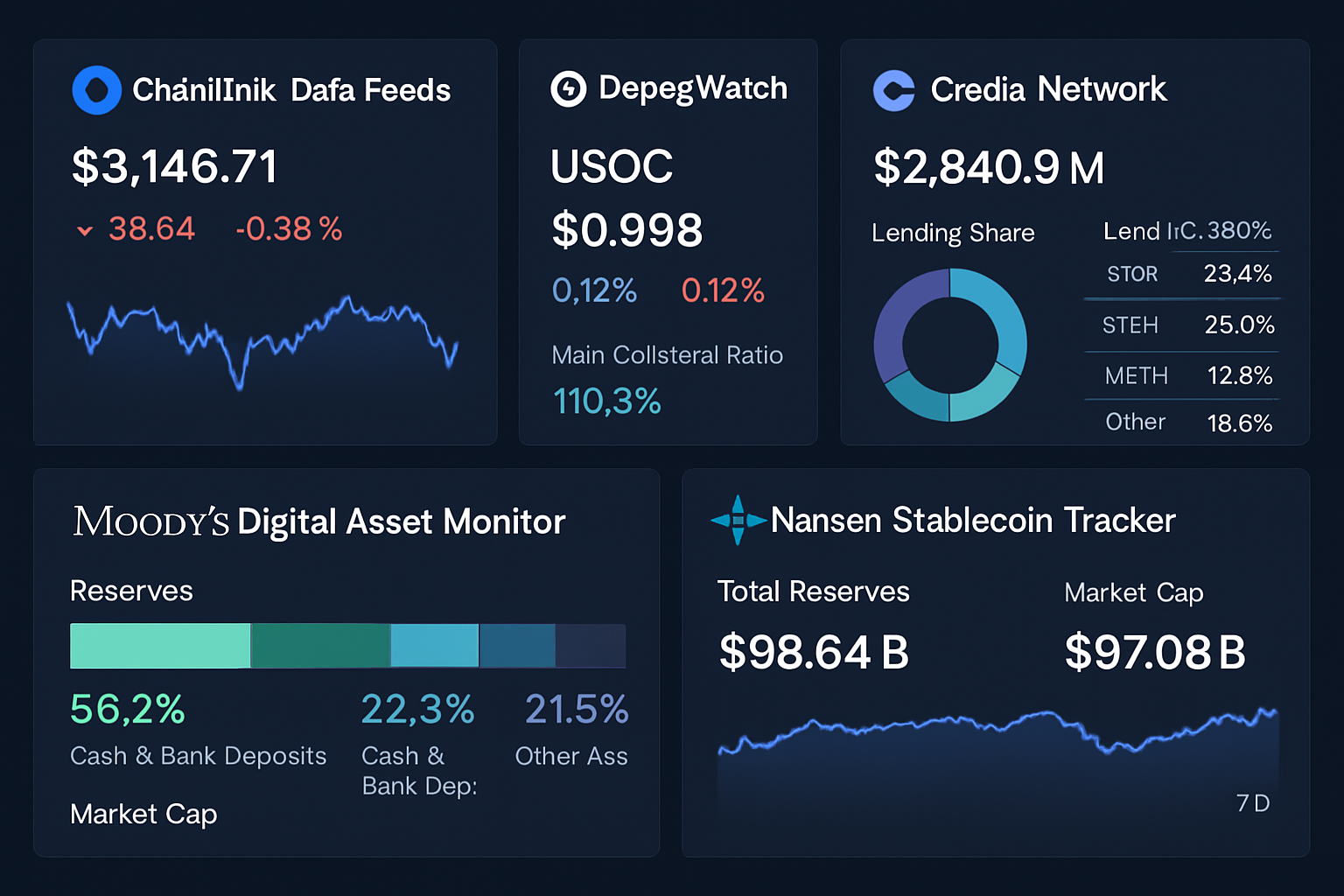 Dashboard showing top 5 real-time stablecoin analytics tools for depeg risk in 2025: Chainlink Data Feeds, DepegWatch, Credio Network, Moody’s Digital Asset Monitor, and Nansen Tracker, featuring reserve transparency and market depth analytics.