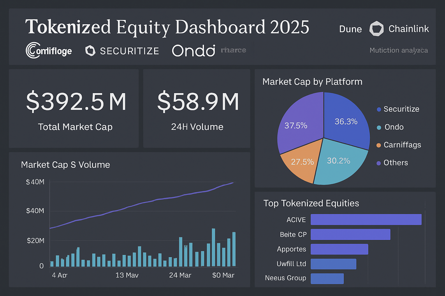 Dashboard interface showcasing top tokenized equity tracking platforms in 2025, including Centrifuge, Securitize, Ondo Finance, Chainlink Data Feeds, and Dune Analytics, with multichain analytics and digital asset visuals.