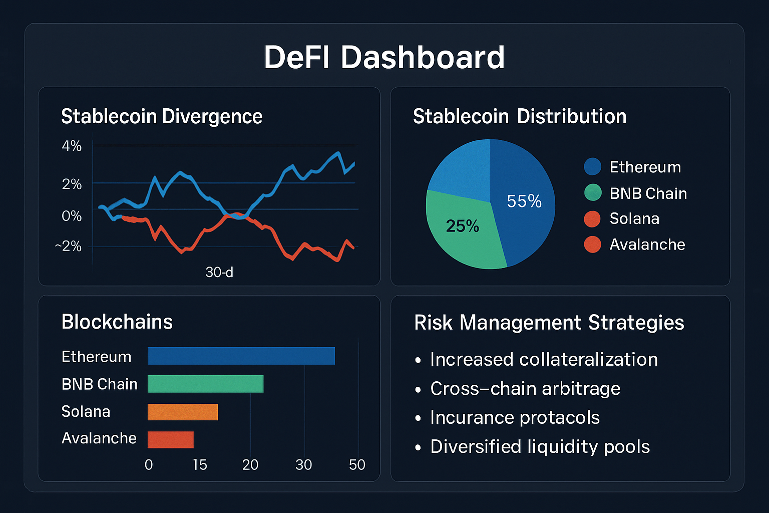 Conceptual dashboard visualizing stablecoin price divergence across multiple blockchains, highlighting DeFi risk management strategies like depeg derivatives, diversification, insurance protocols, and prediction markets.