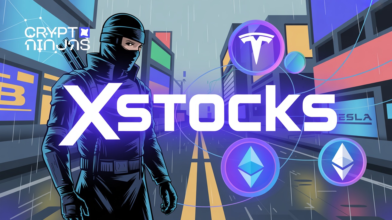 Dashboard interface displaying tokenized stocks trading on the Ethereum blockchain, featuring digital asset icons and blockchain elements without specific price data.