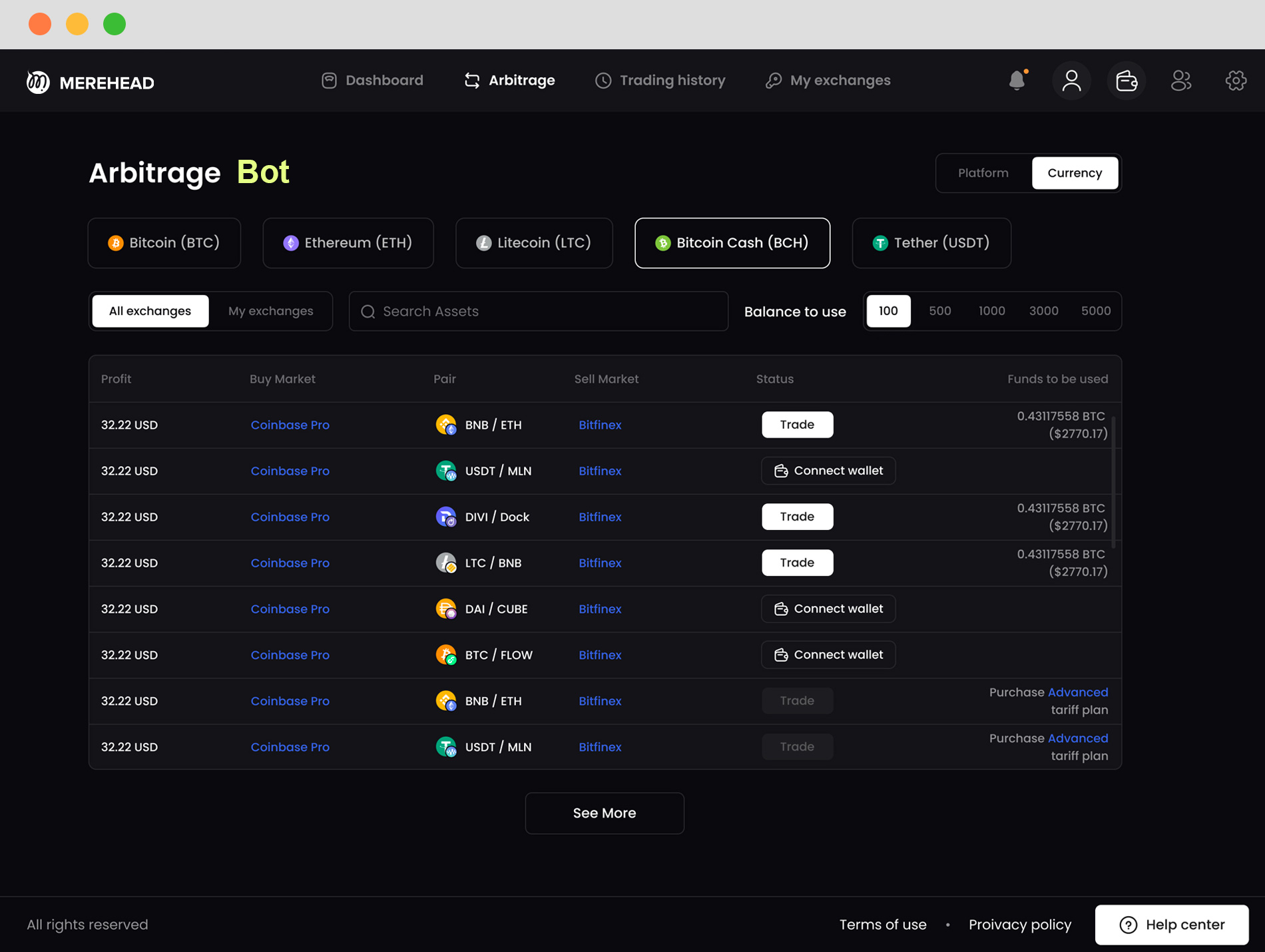 Crypto trading bot dashboard showing automated strategies like grid trading, DCA, arbitrage, and portfolio rebalancing across multiple exchanges