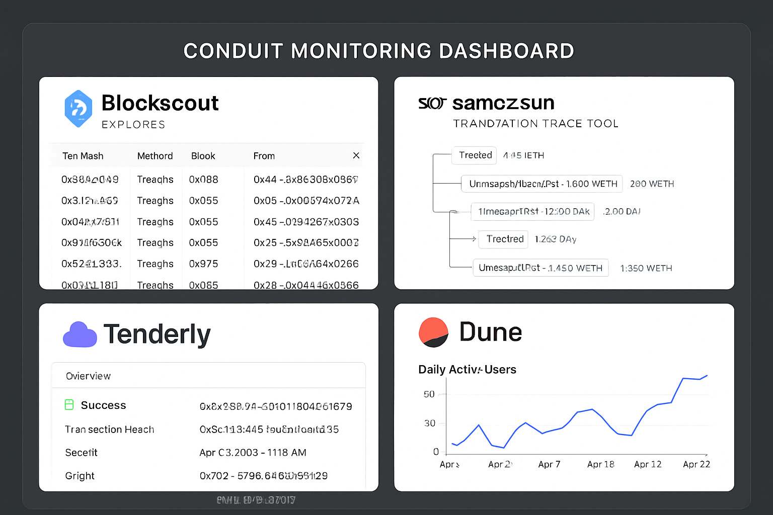 Conduit Monitoring Dashboard showcasing Blockscout Explorer, samczsun Transaction Trace Tool, Tenderly, and Dune Analytics integrations for rollup deployments