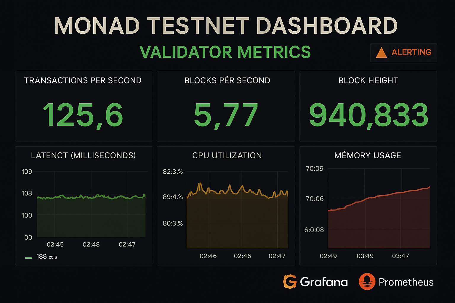 Monad testnet dashboard displaying validator metrics, throughput, and churn monitoring tools such as Grafana, Prometheus, and alerting bots