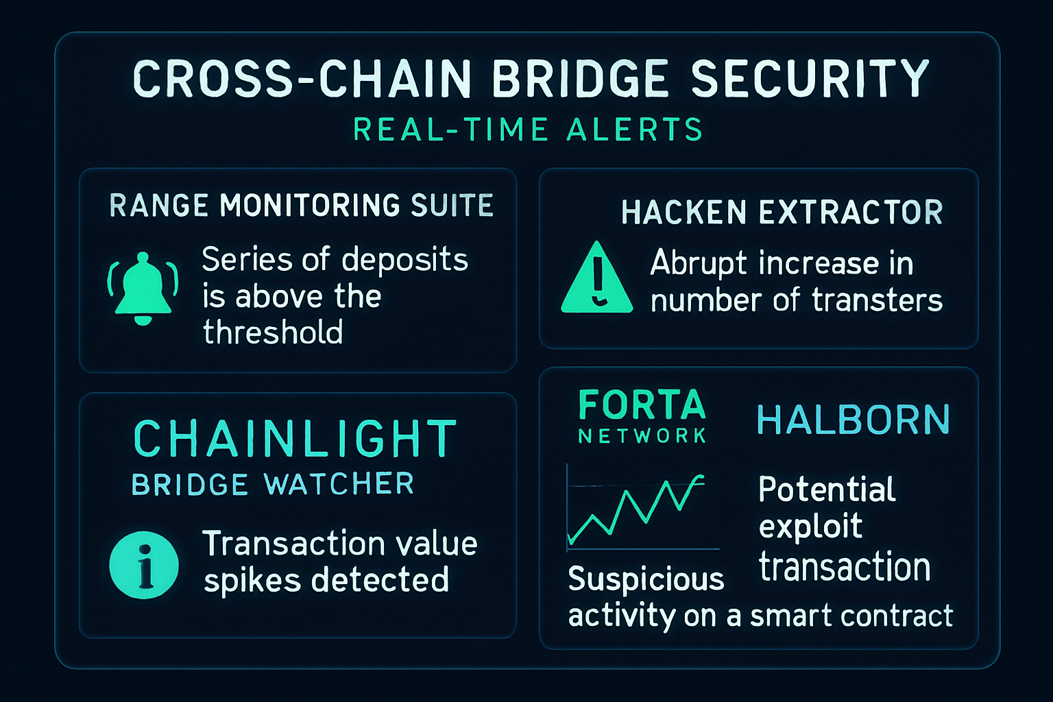 Dashboard displaying real-time alerts from top cross-chain bridge security tools: Range Monitoring Suite, Hacken Extractor, ChainLight Bridge Watcher, Forta Network, and Halborn BridgeGuard.