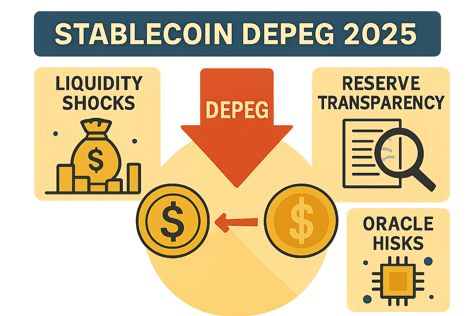 Data visualization illustrating 2025 stablecoin depeg events with icons for liquidity shocks, reserve transparency issues, and oracle failures