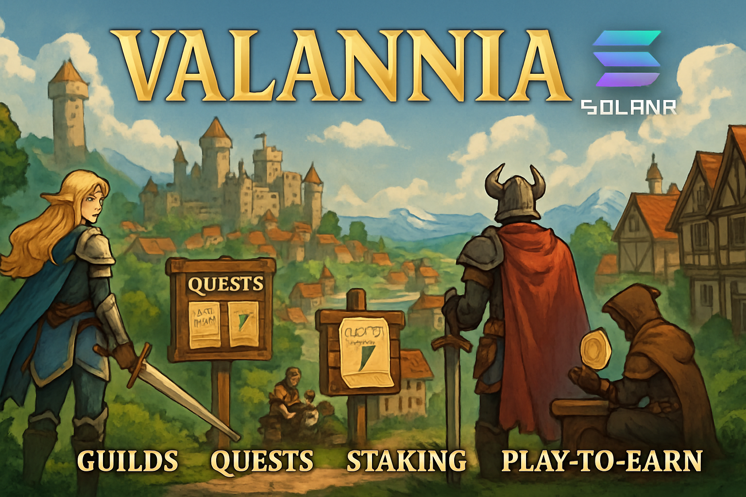 Valannia medieval fantasy MMO world illustration with Solana blockchain motifs, showing guilds, quests, staking, and play-to-earn activities for $VALAN airdrops and rewards in 2025.