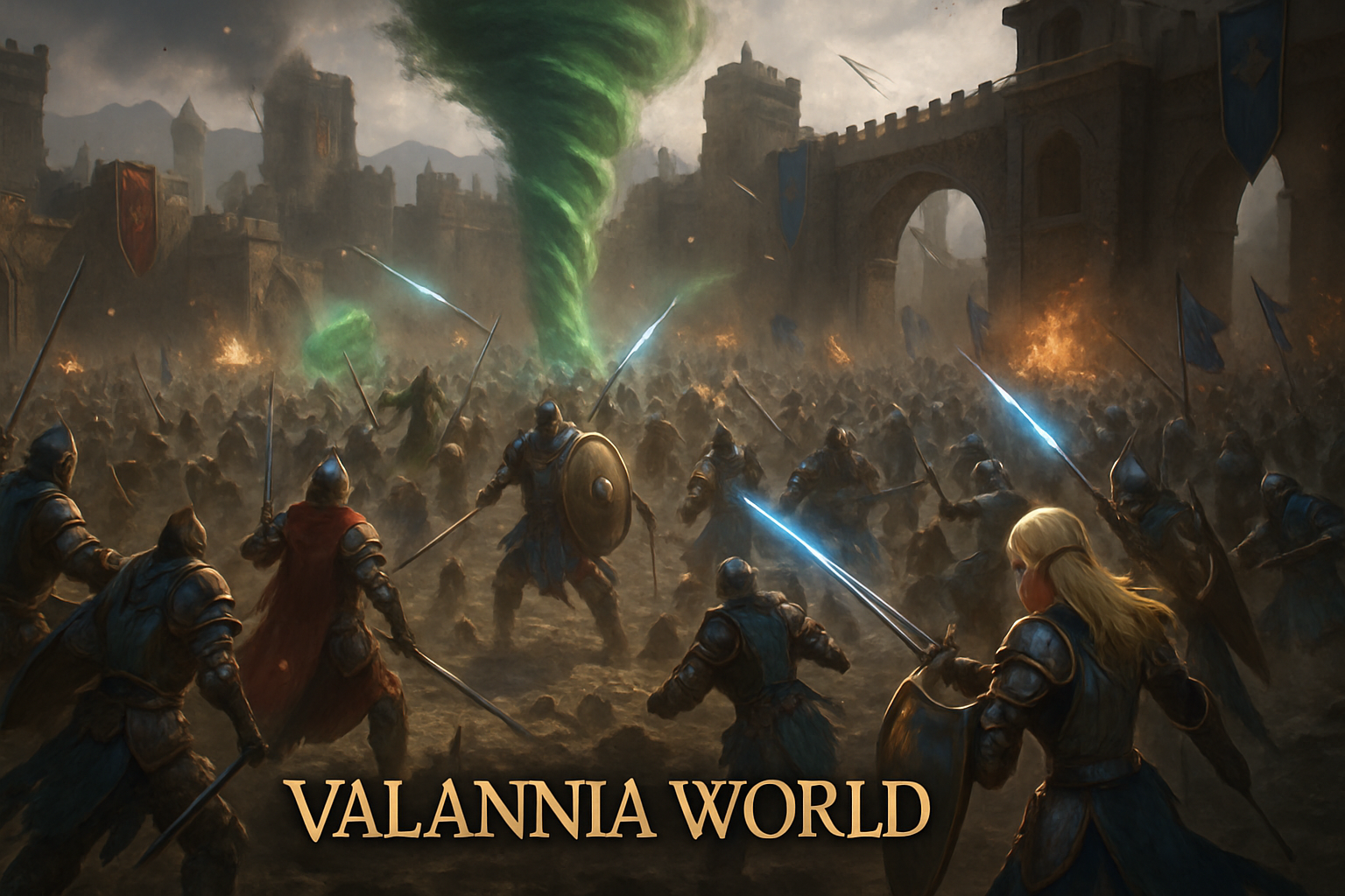 In-game screenshot of a large-scale guild battle in Valannia World MMO on Solana blockchain, showcasing fantasy characters and epic combat.