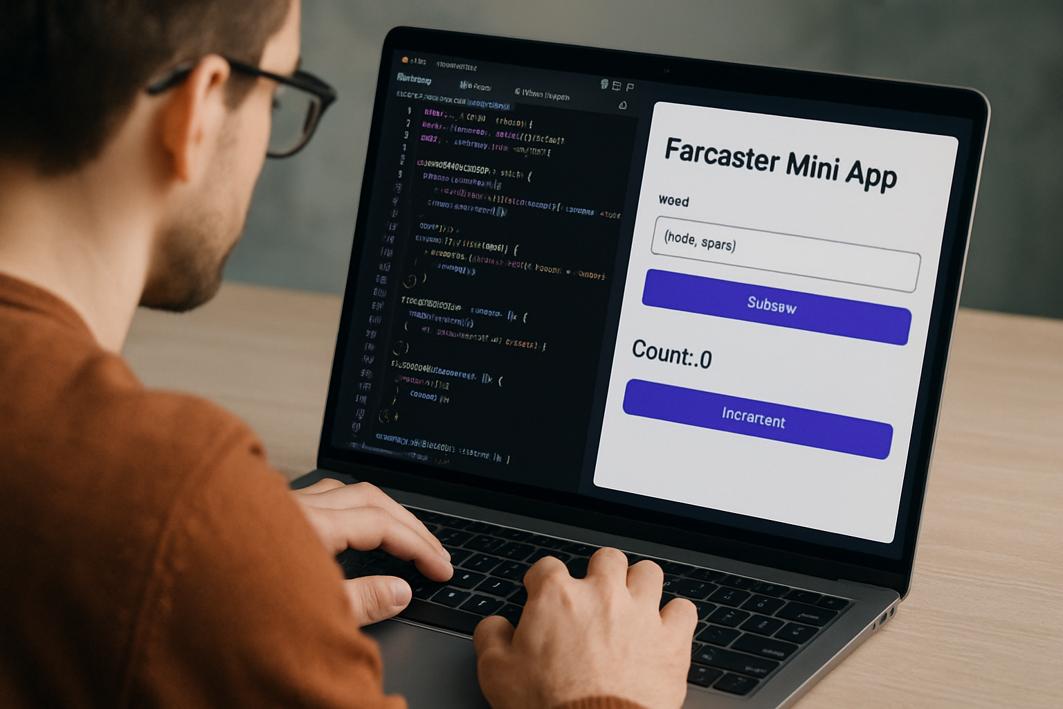 Developer coding a Farcaster Mini App with a modern user interface on their laptop screen
