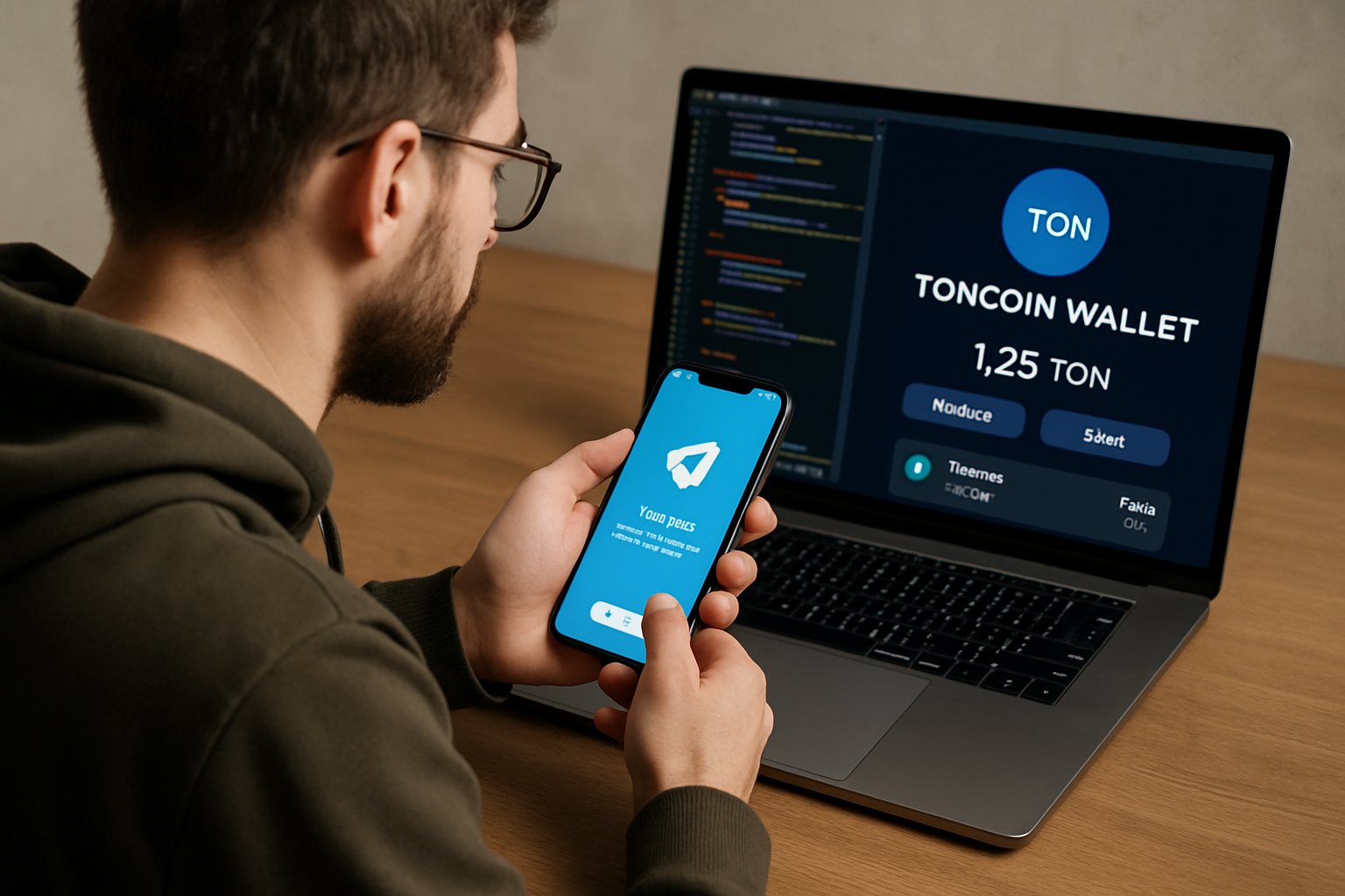 Developer using Telegram bot on smartphone while checking Toncoin wallet on laptop for crypto payments